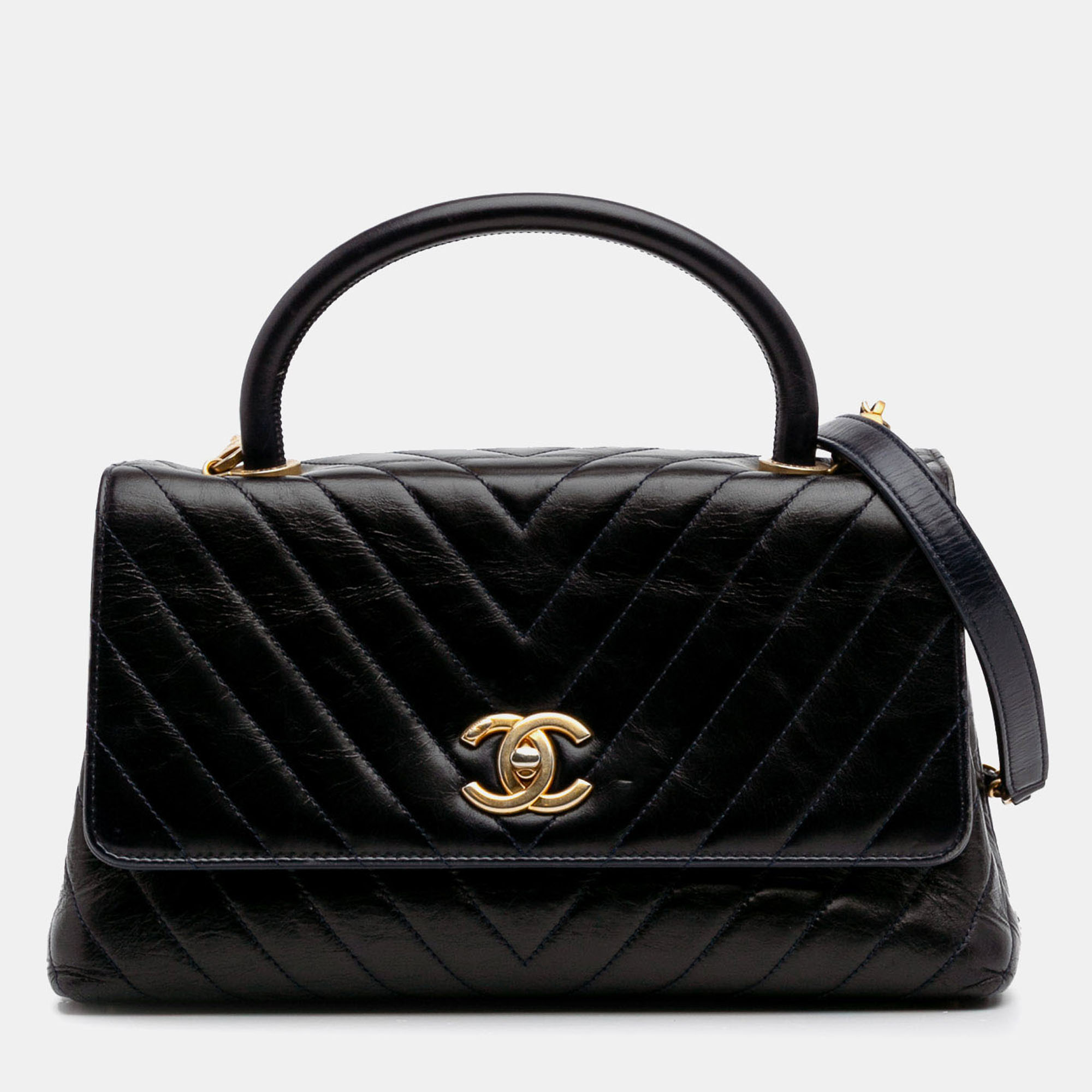 

Chanel Black Medium Chevron Aged Calfskin Coco Top Handle Bag
