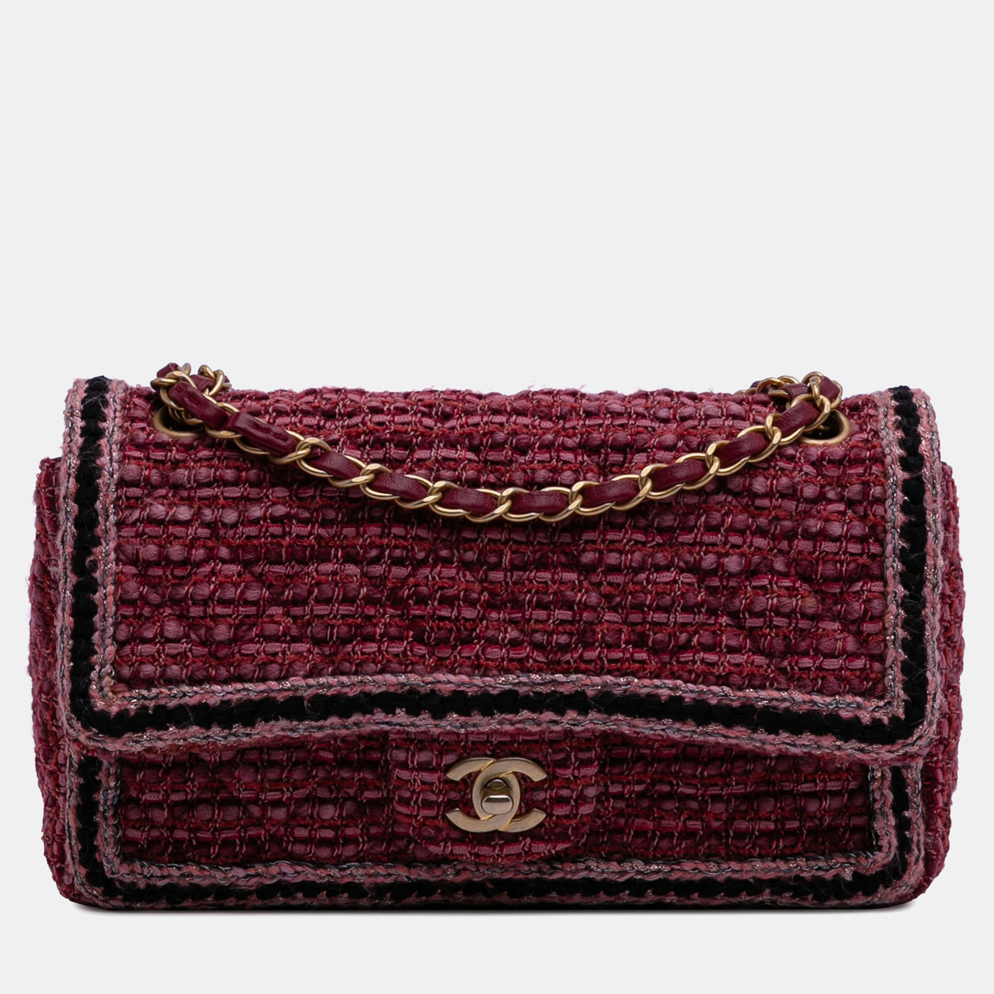 

Chanel Red Medium Braided Classic Tweed Single Flap