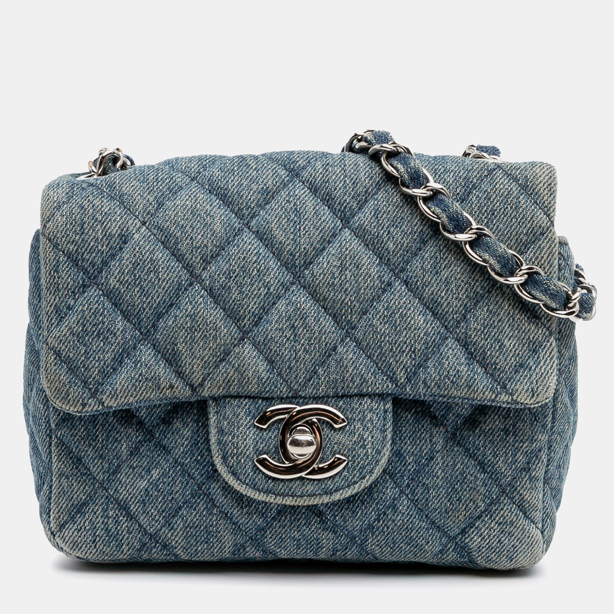 

Chanel Blue Mini Square CC Quilted Denim Single Flap