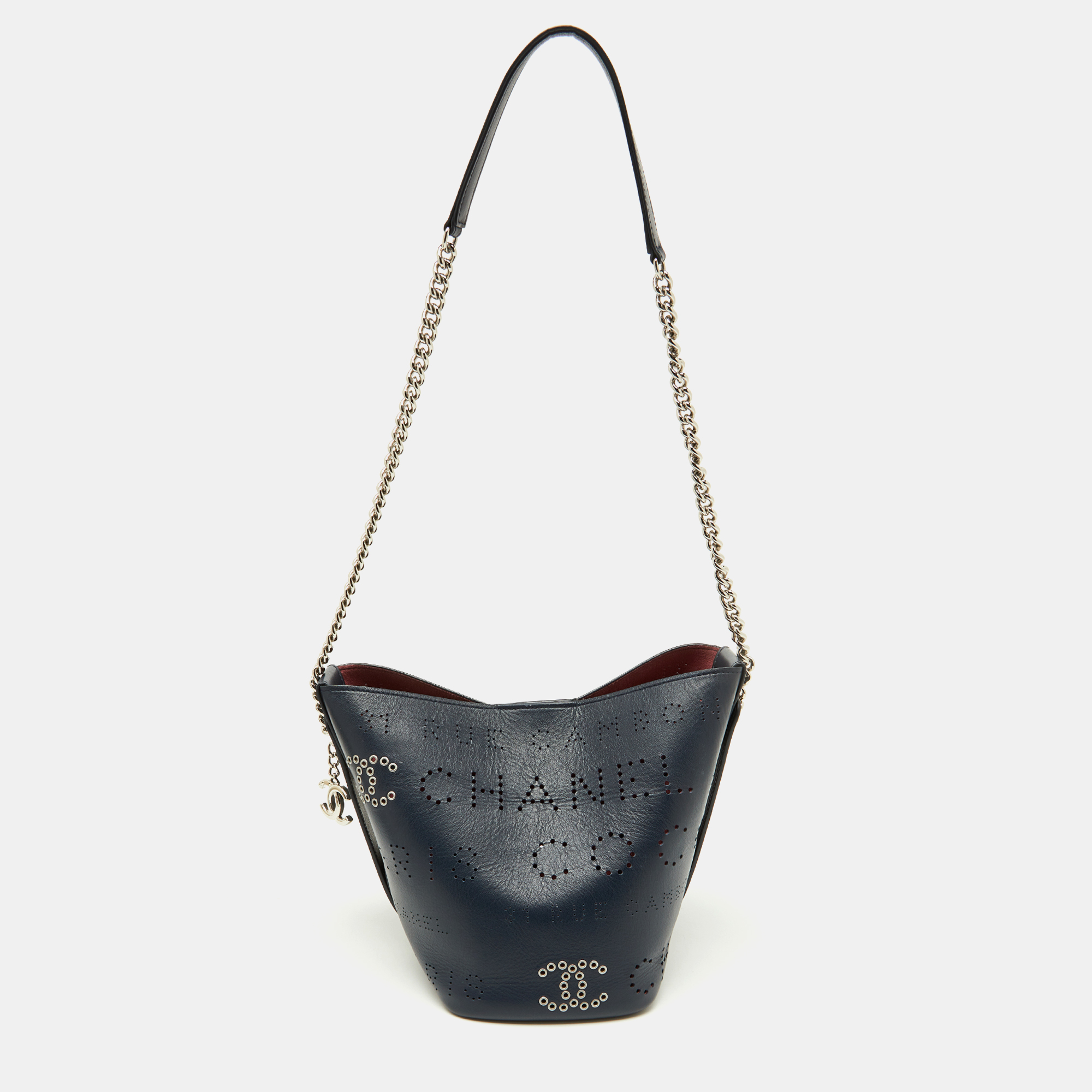 

Chanel Navy Blue Leather Perforated CC Eyelet Drawstring Bucket Bag
