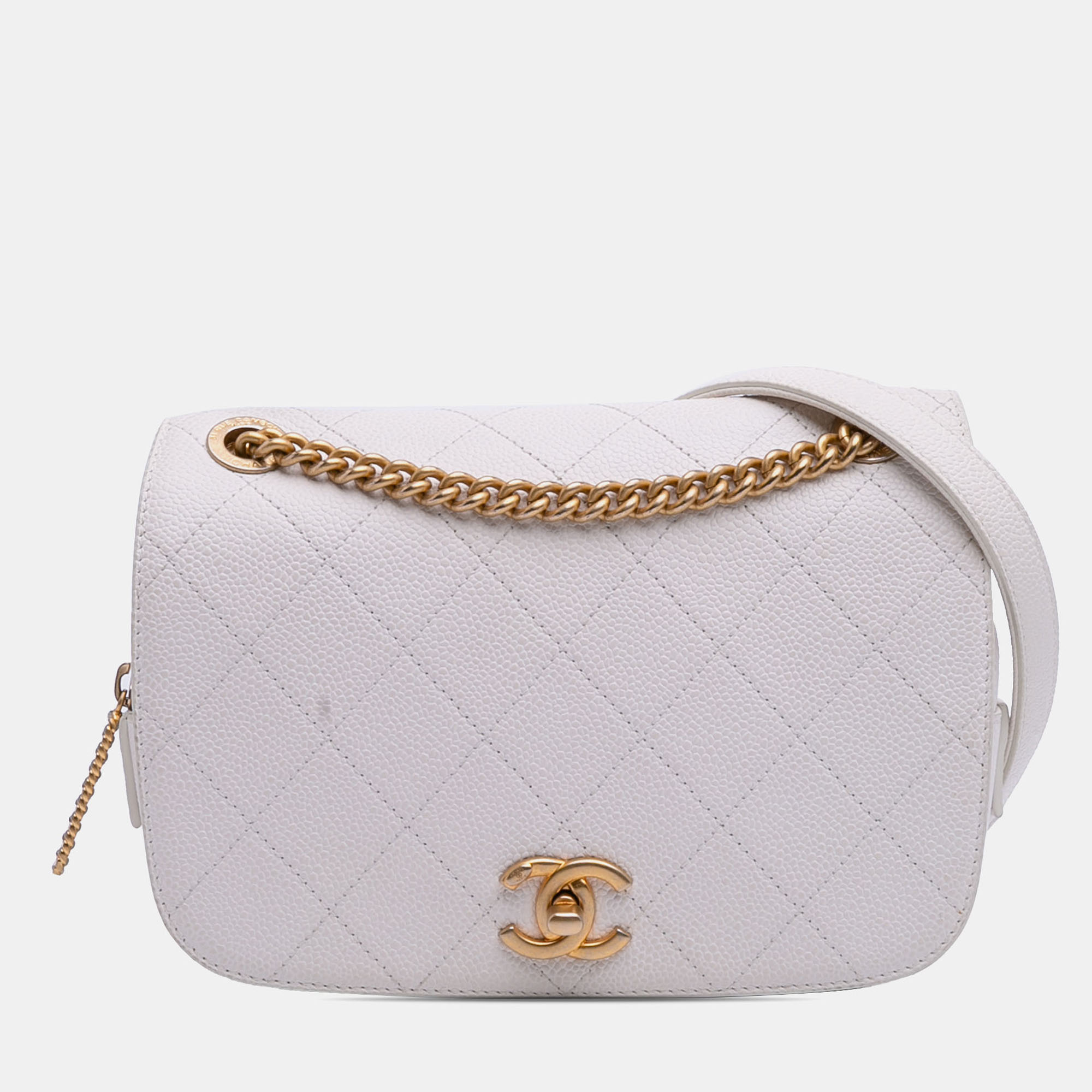 

Chanel White CC Quilted Caviar Turnlock Full Flap