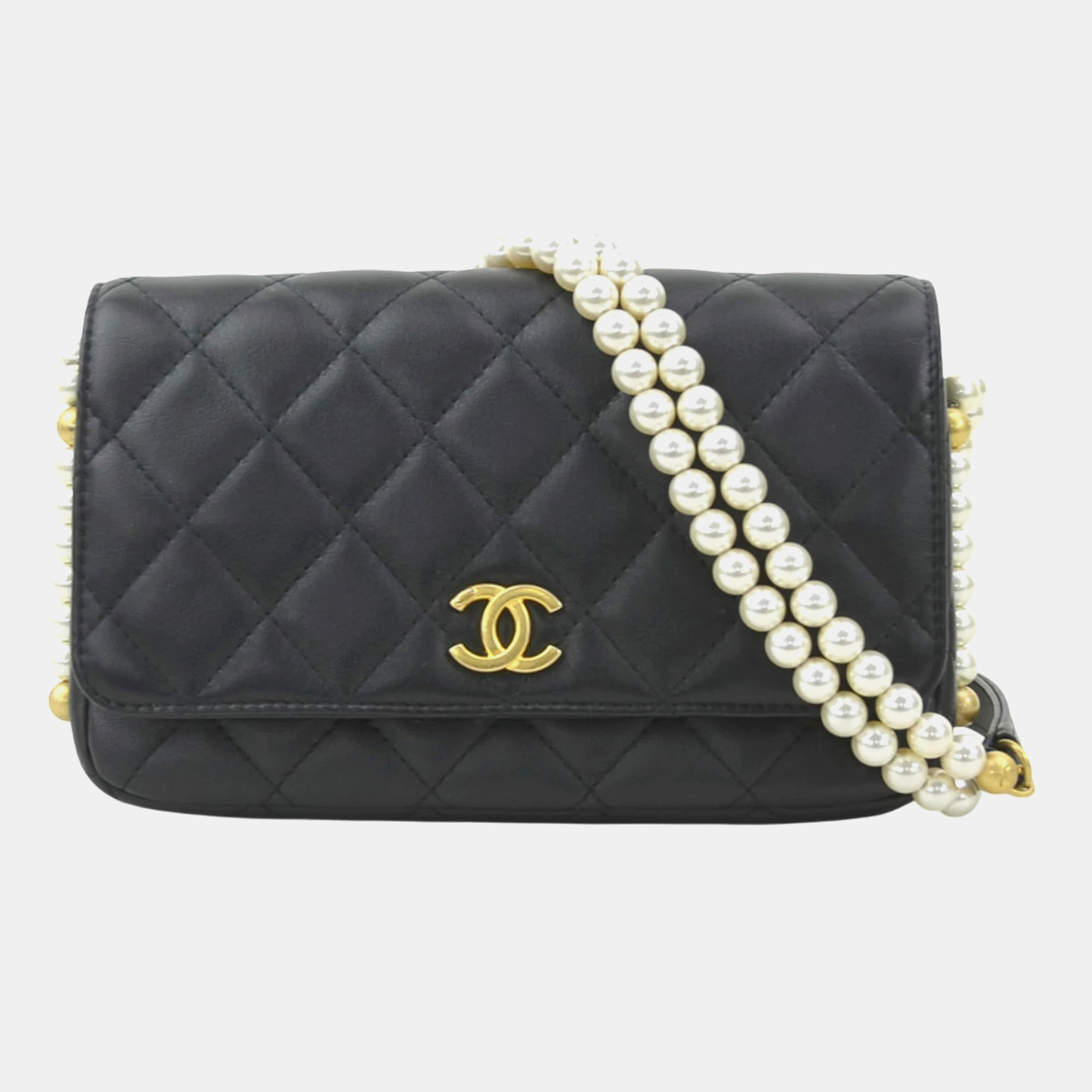 

Chanel Shoulder Wallet Purse Lambskin Faux Pearl Black Gold