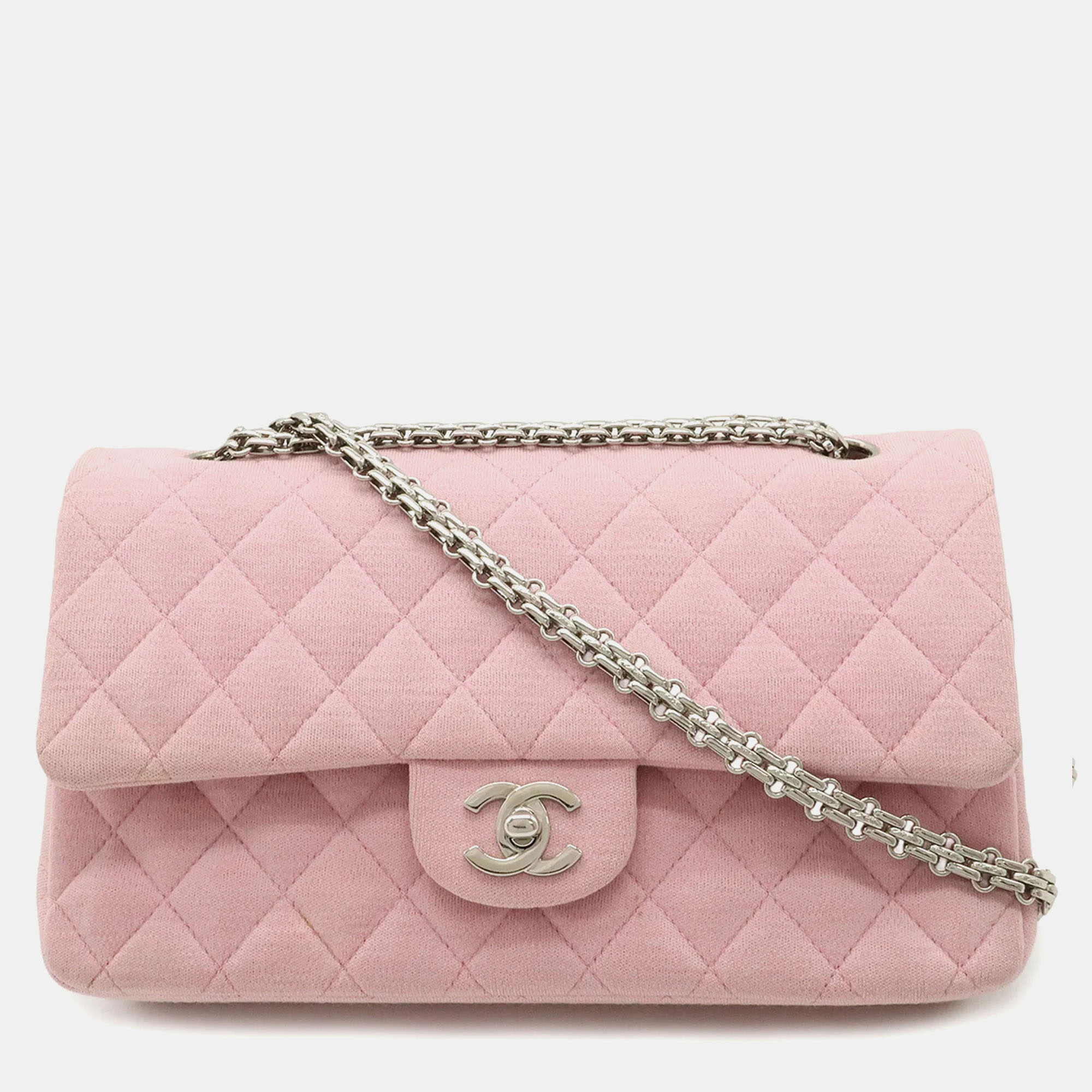 Pre-owned Chanel Matelassé 25 Pink Cotton Jersey Coco Mark Double Flap Chain Shoulder Bag