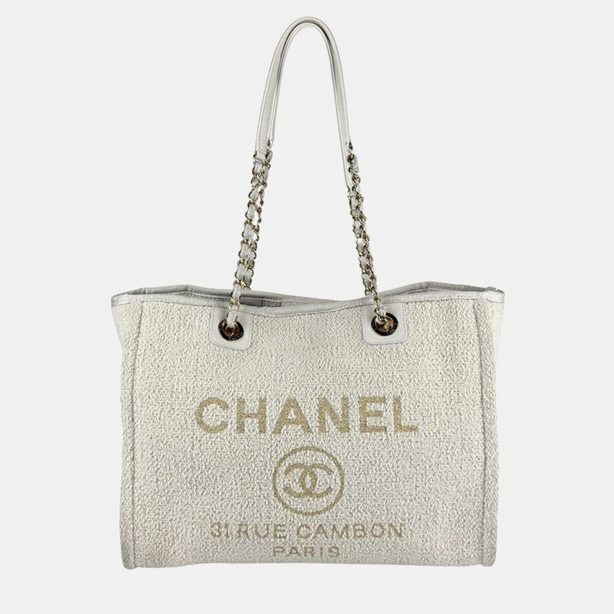 

Chanel Deauville Gold/Ivory Fabric Shoulder Bag, White