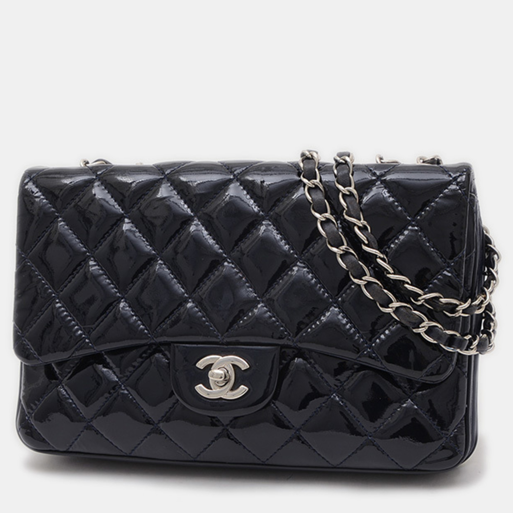 

Chanel 25 Navy Patent Leather Chain Shoulder Bag, Navy blue