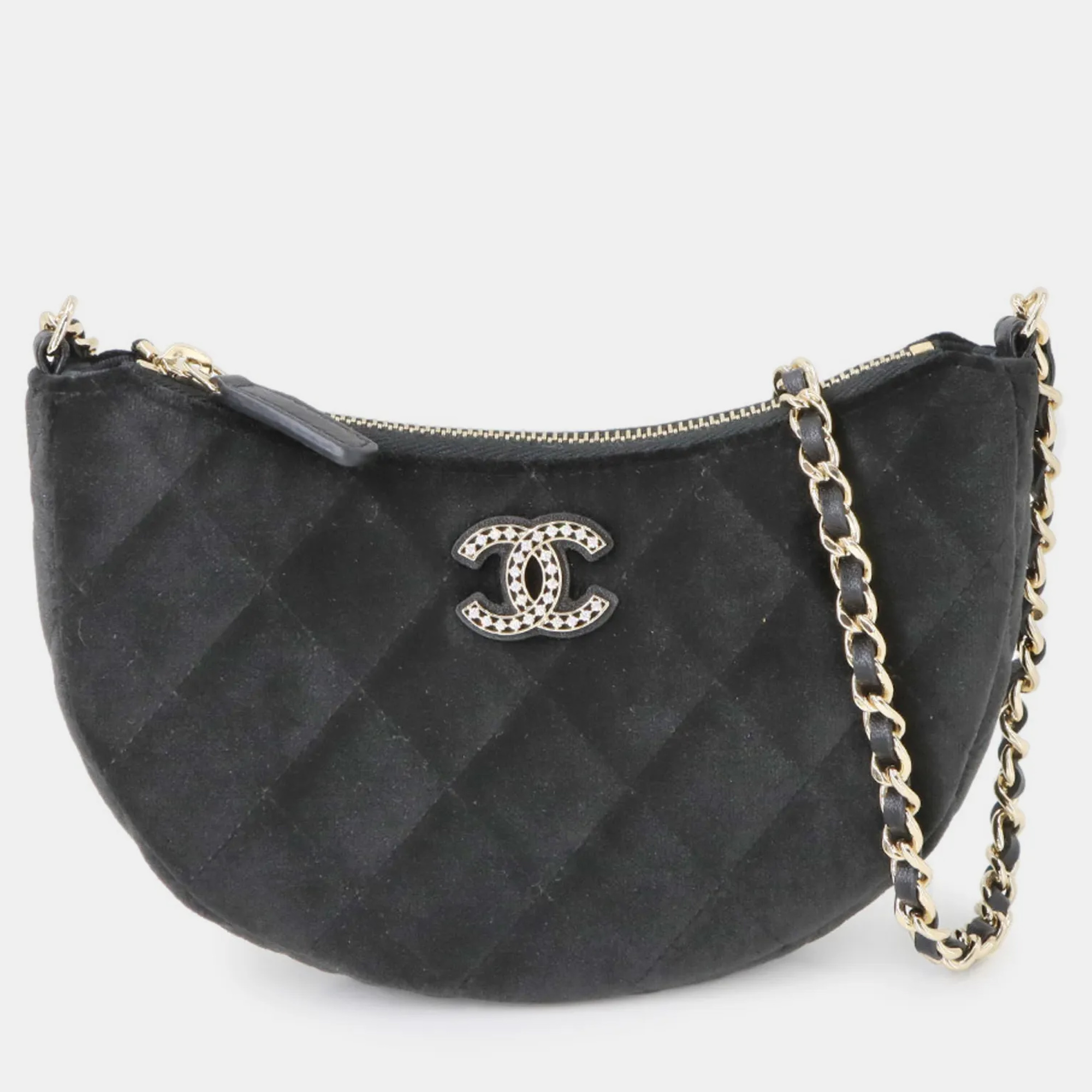 Pre-owned Chanel Matelasse Half Moon Chain Shoulder Bag Velour Black Gold Metal Fittings Coco Mark
