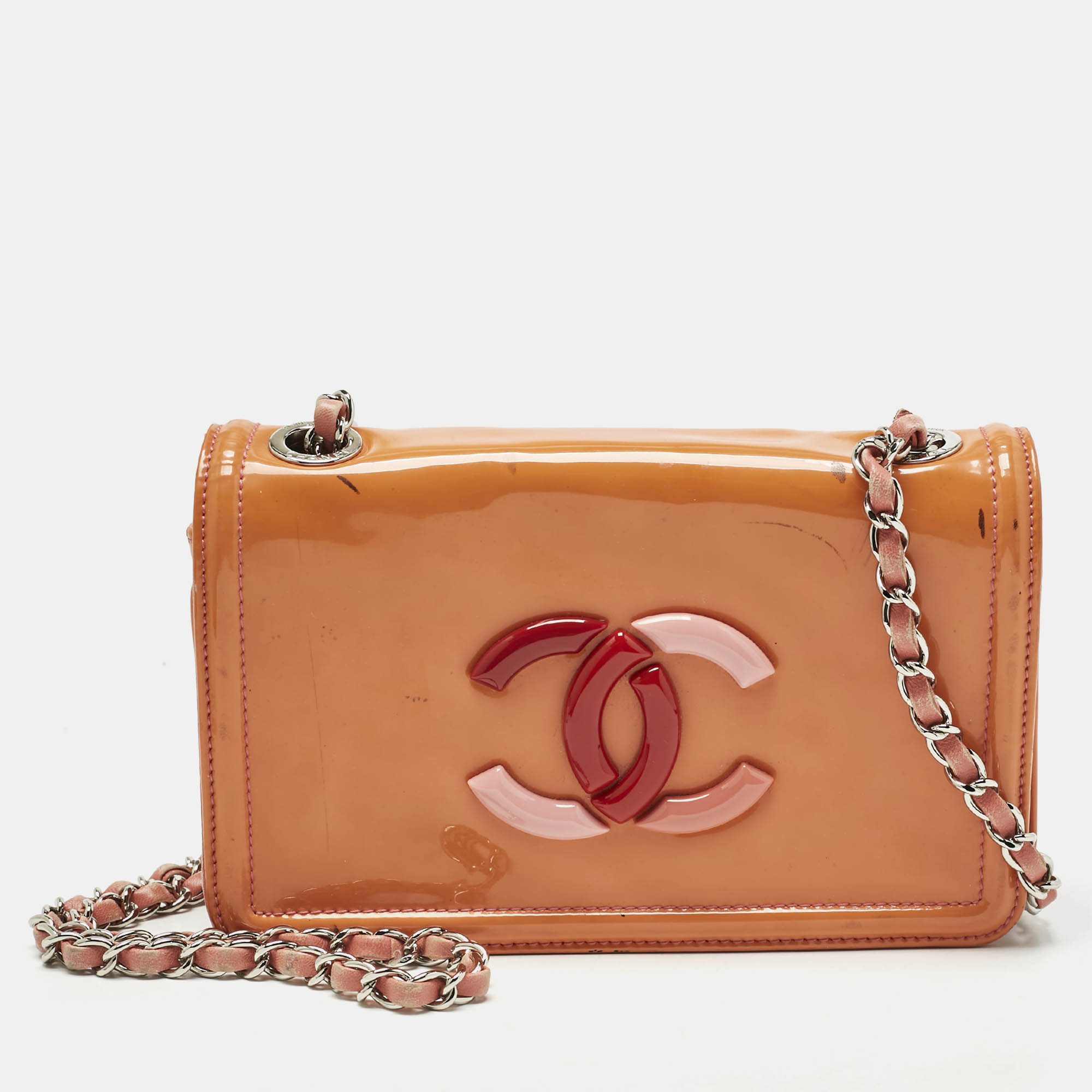 

Chanel Orange/Pink Quilted Patent and Leather Lipstick Ligne FlapBag