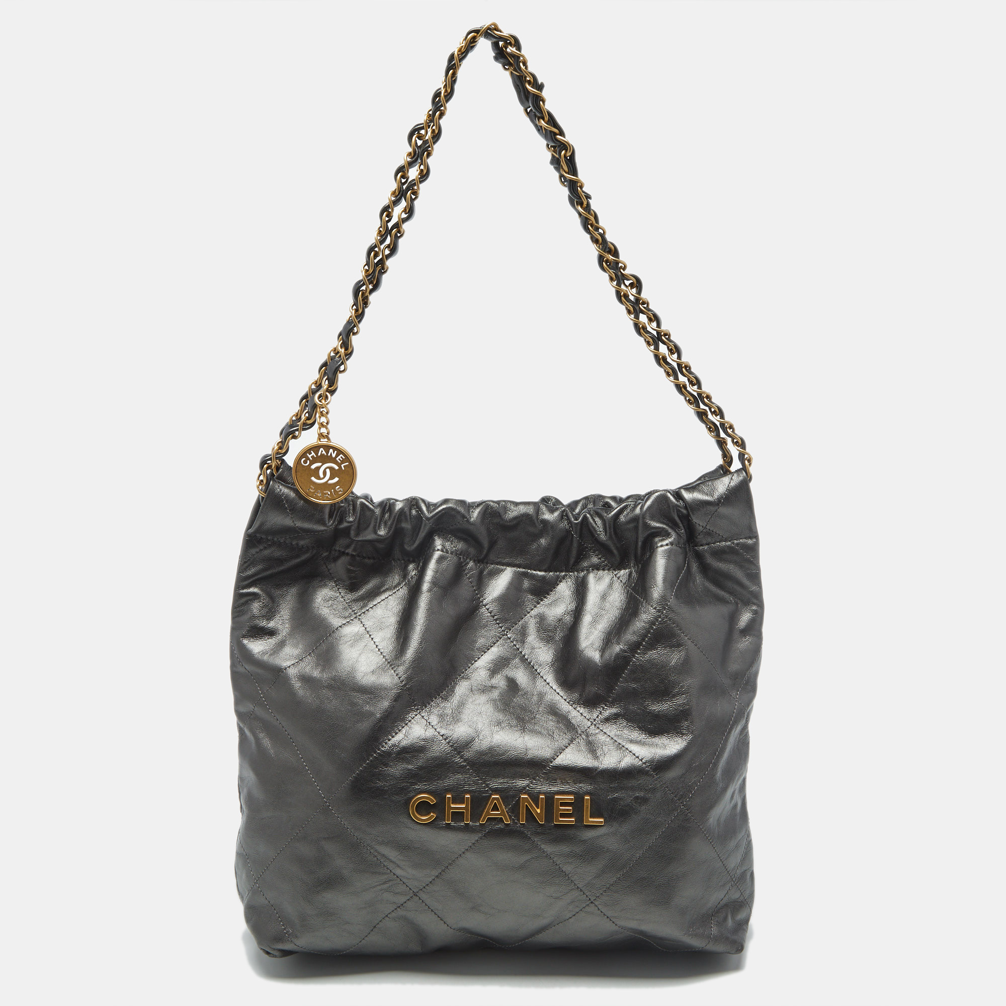 

Chanel Metallic Grey Quilted Leather Small 22 Bag