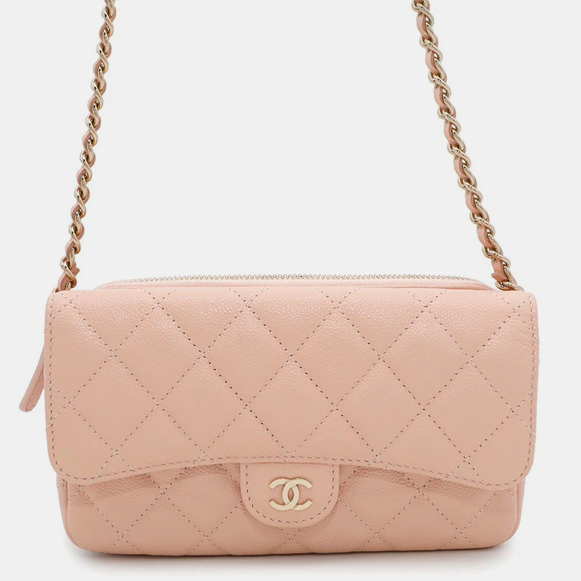 Pre-owned Chanel Matelasse Chain Wallet Flap Phone Case Light Pink Caviar Leather