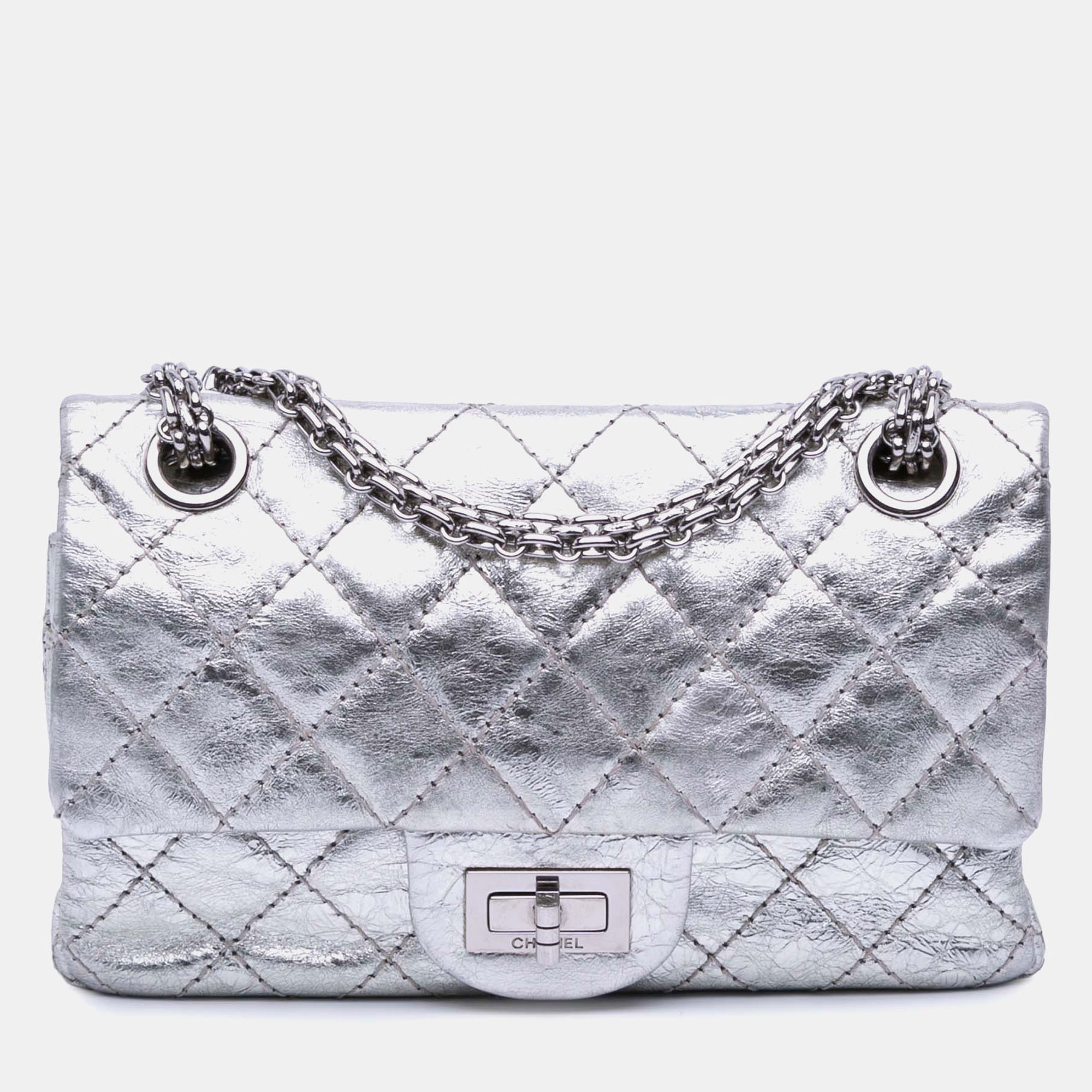 

Chanel Silver Mini Reissue 2.55 Metallic Aged Calfskin Double Flap 224