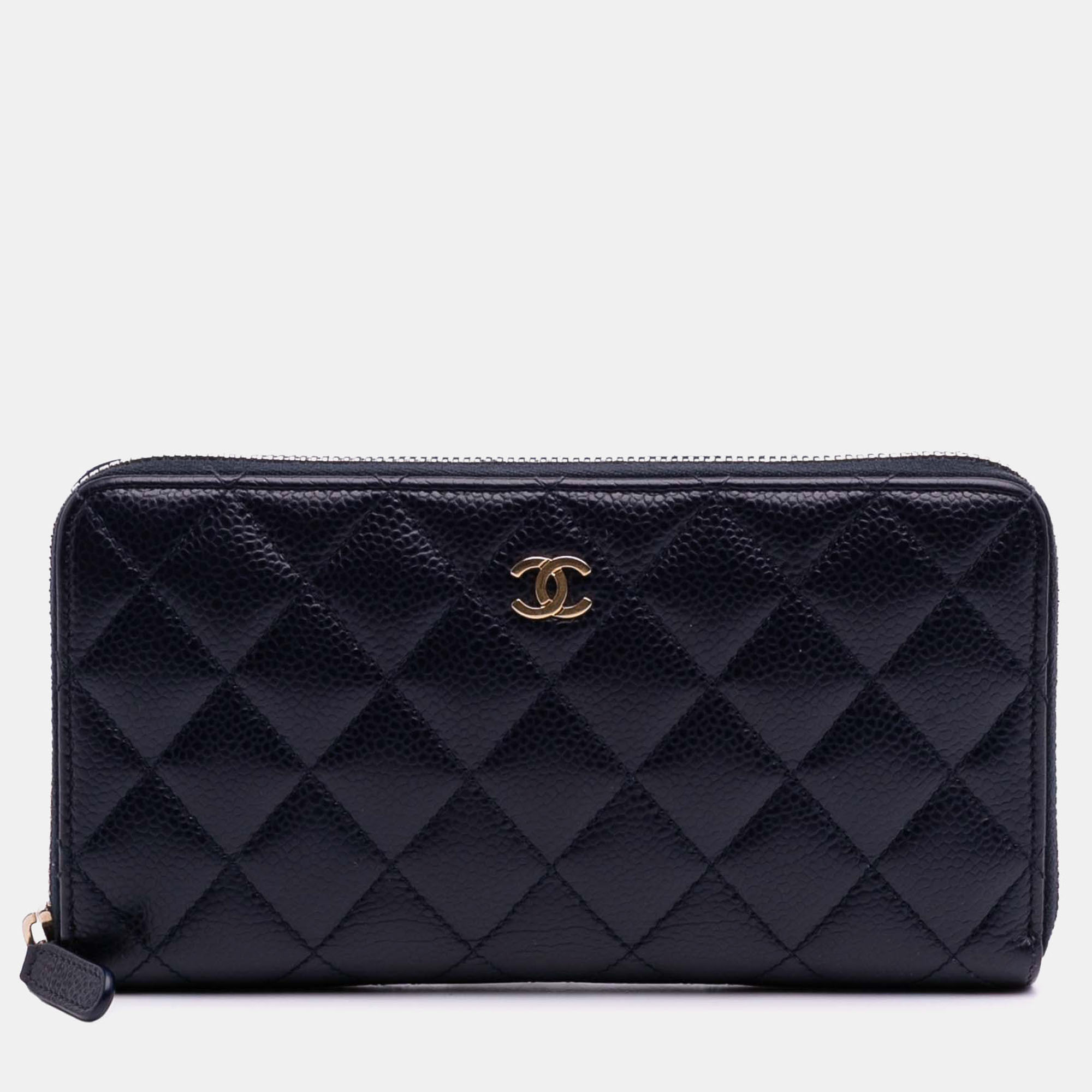 

Chanel Blue CC Quilted Caviar Zip Around Long Wallet