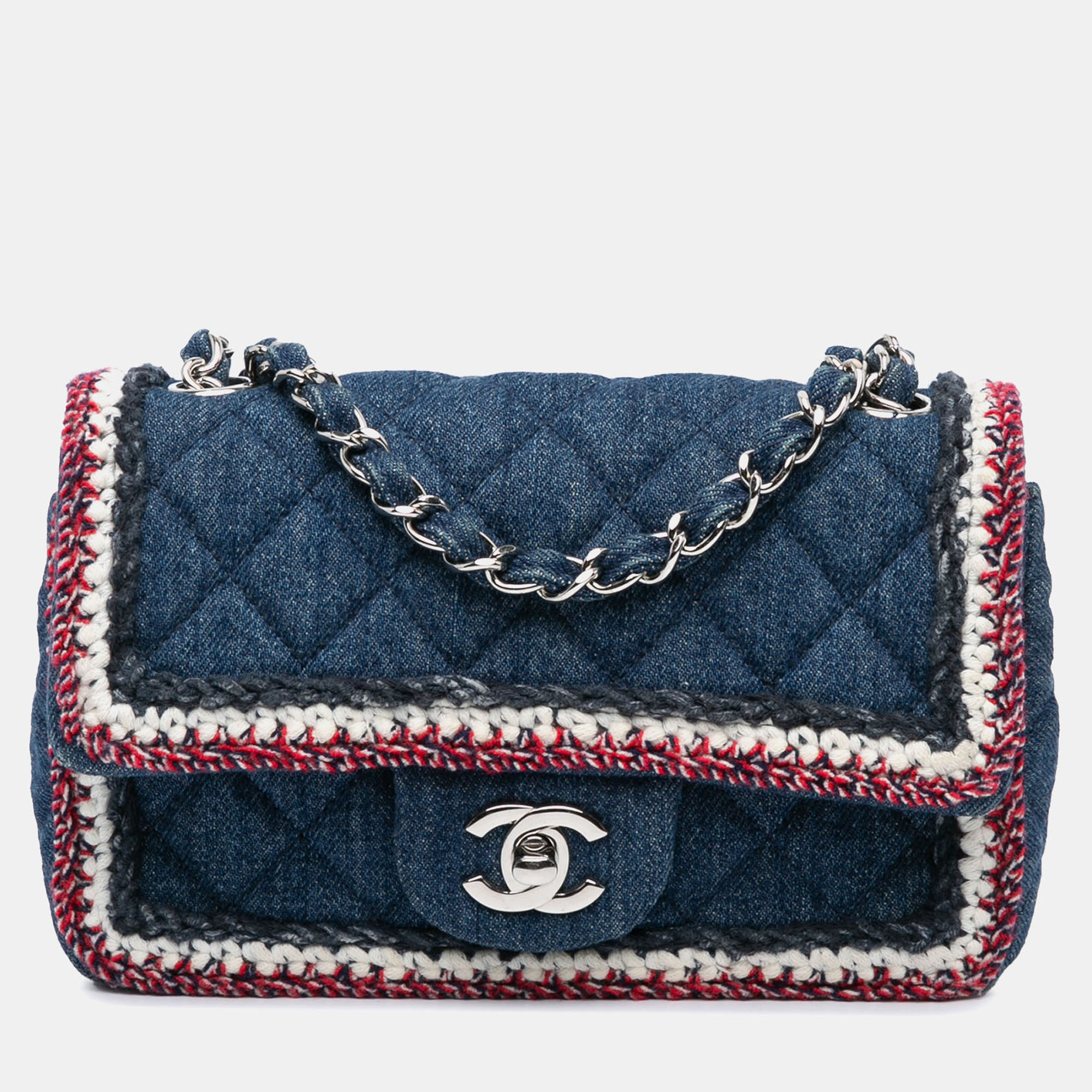 Pre-owned Chanel Blue Mini Rectangular Classic Denim Tweed Framed Single Flap