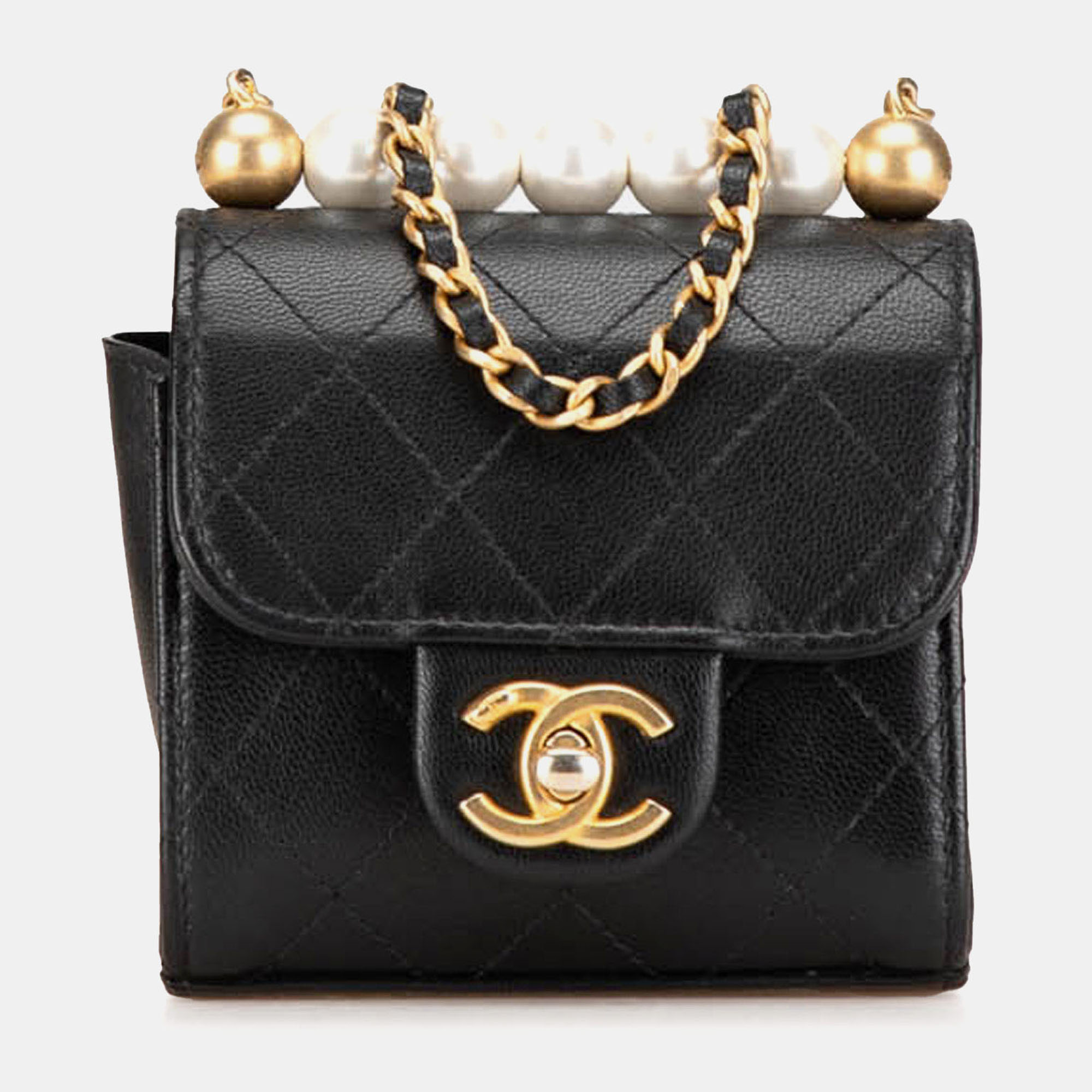Pre-owned Chanel Black Mini Goatskin Chic Pearls Clutch On Chain