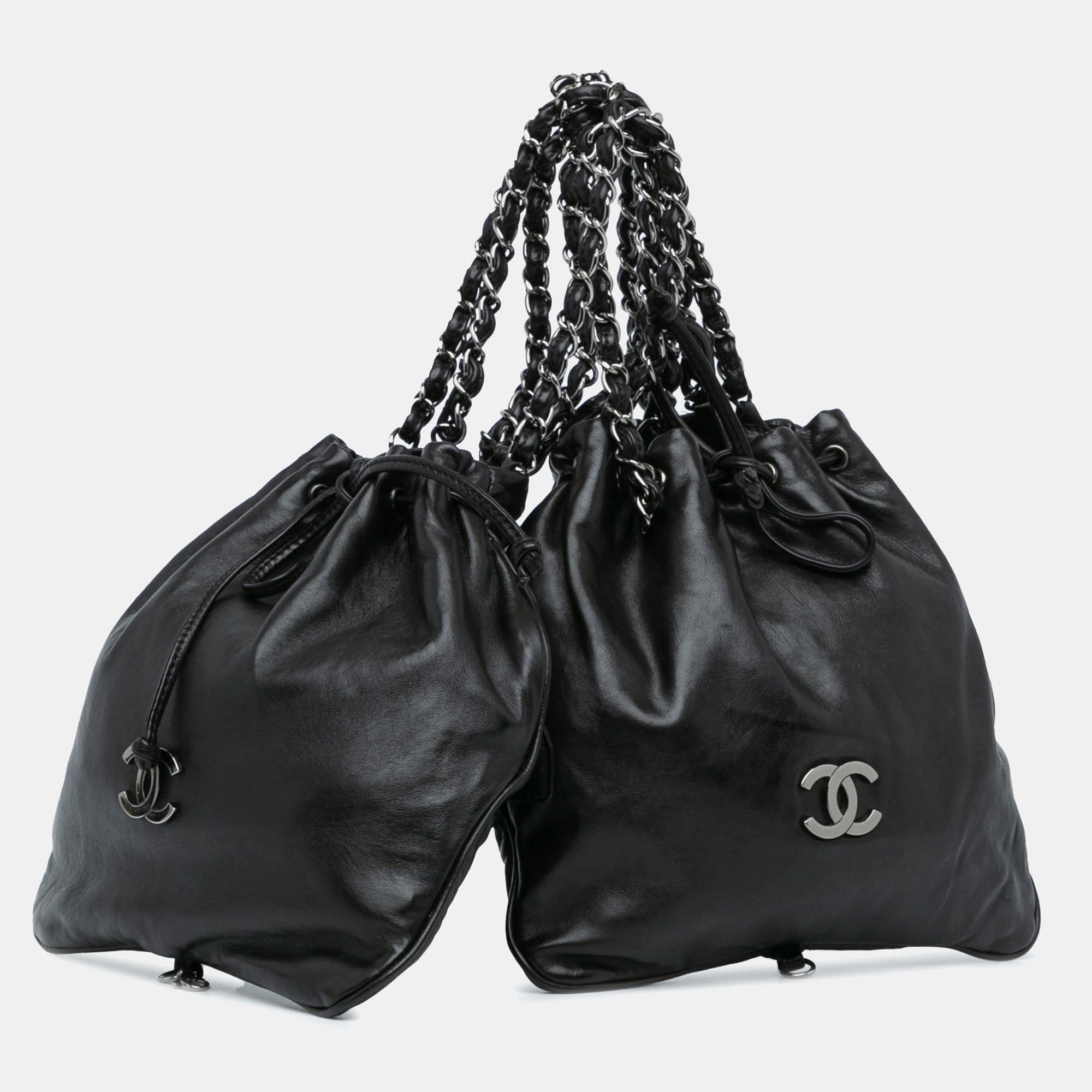 Pre-owned Chanel Black Cc Calfskin Dual Twin Chain Handbag