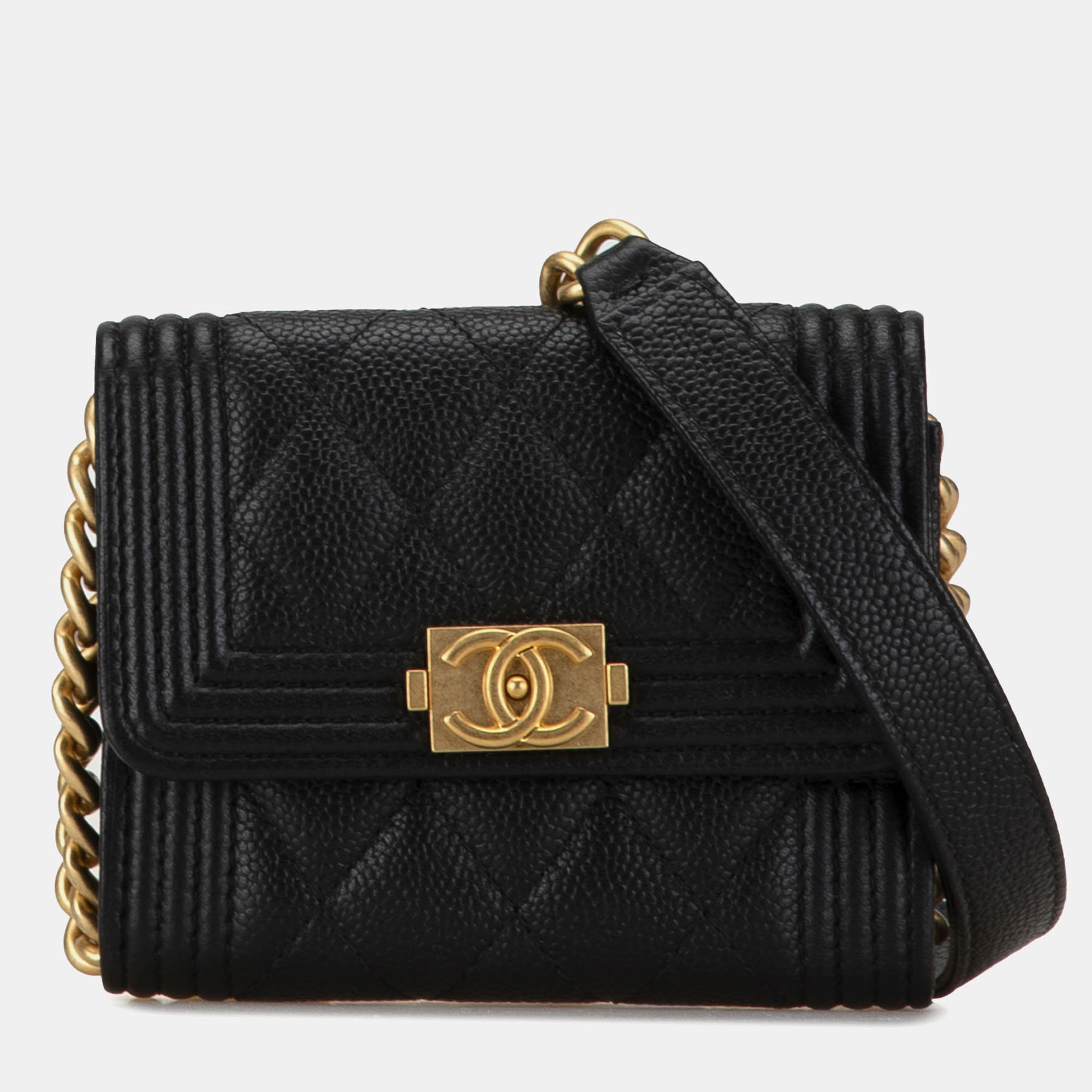 Pre-owned Chanel Black Quilted Caviar Boy Card Holder With Chain