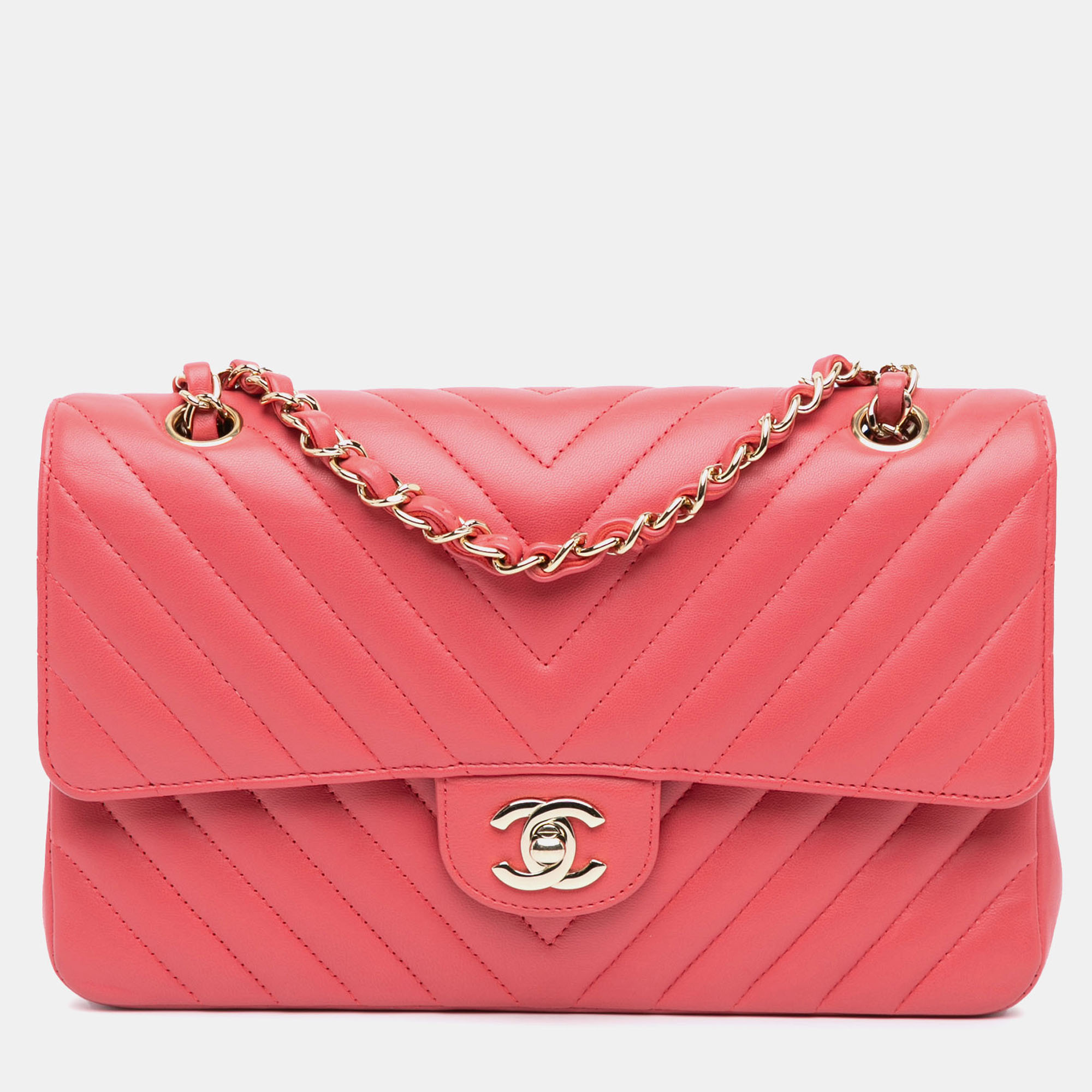 

Chanel Pink Medium Classic Chevron Lambskin Double Flap Shoulder Bag