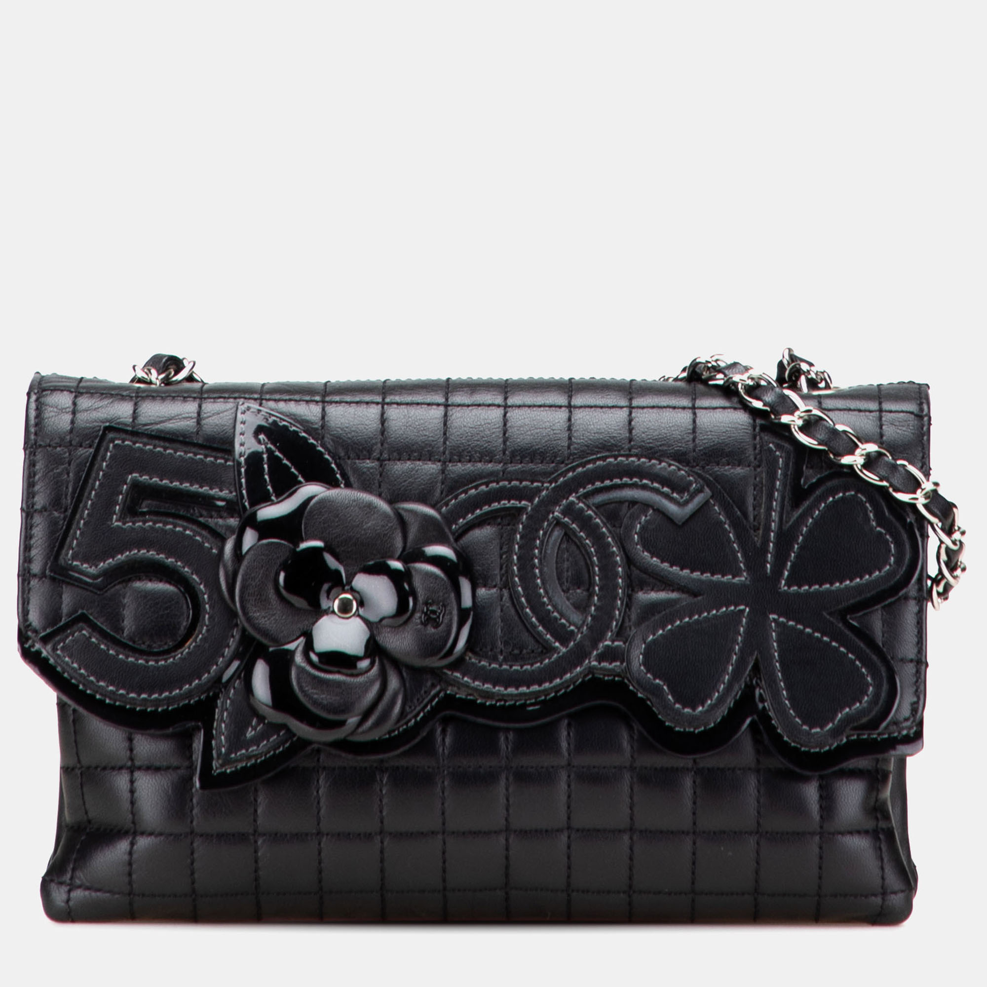 

Chanel Black Choco Bar Calfskin No. 5 Camellia CC Shoulder Bag
