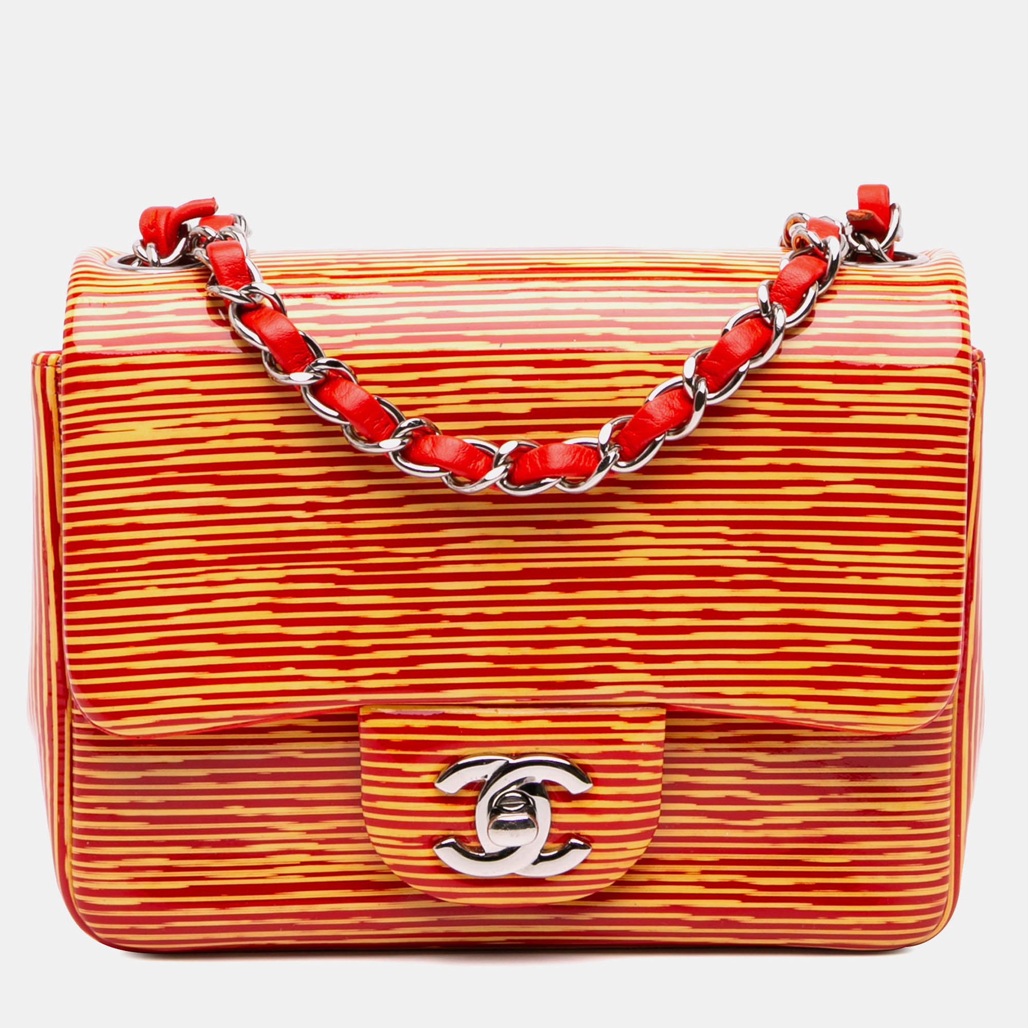 

Chanel Orange Mini Square Classic Patent Striped Single Flap Bag