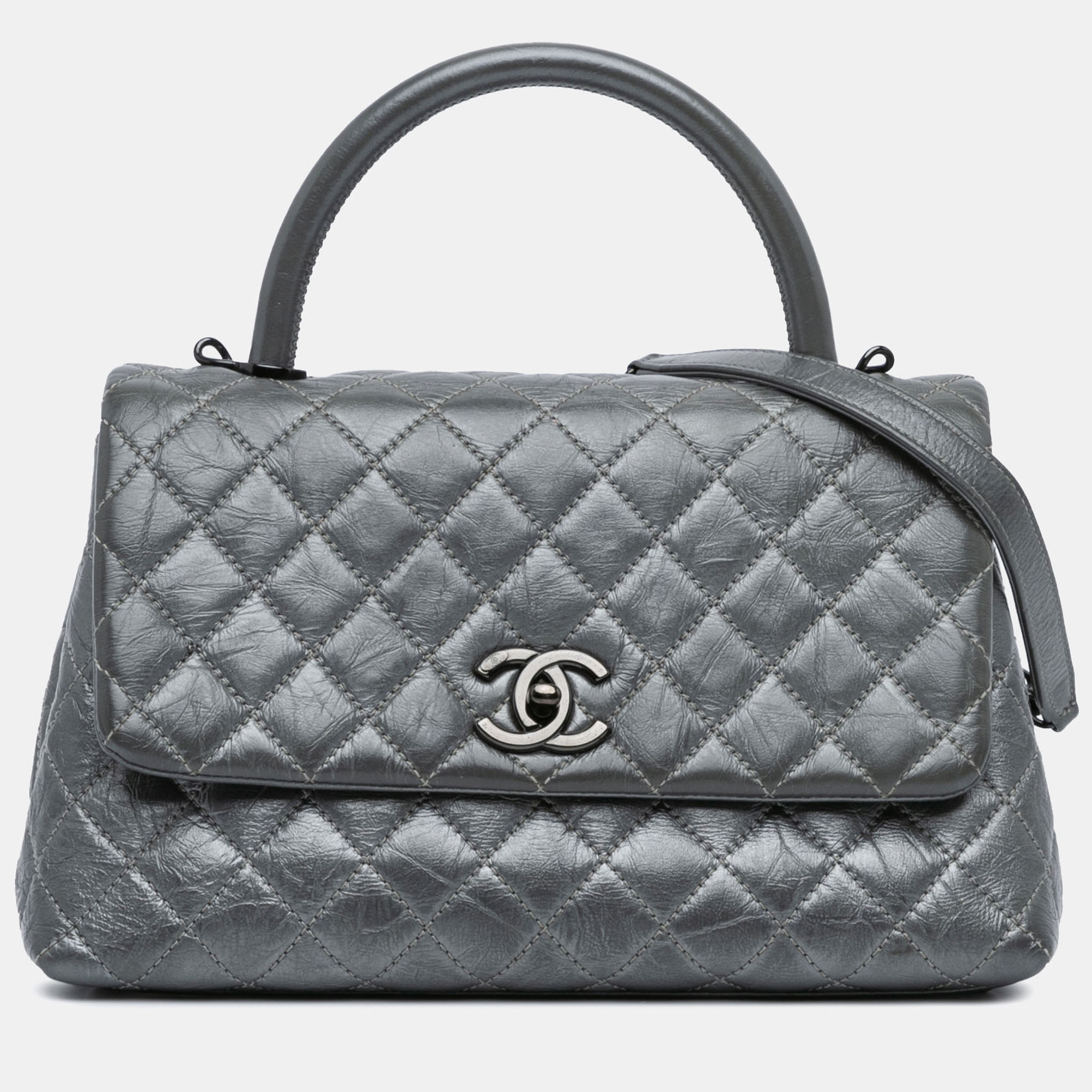 Pre-owned Chanel Grey Small Quilted Aged Calfskin Coco Top Handle Bag In Gray