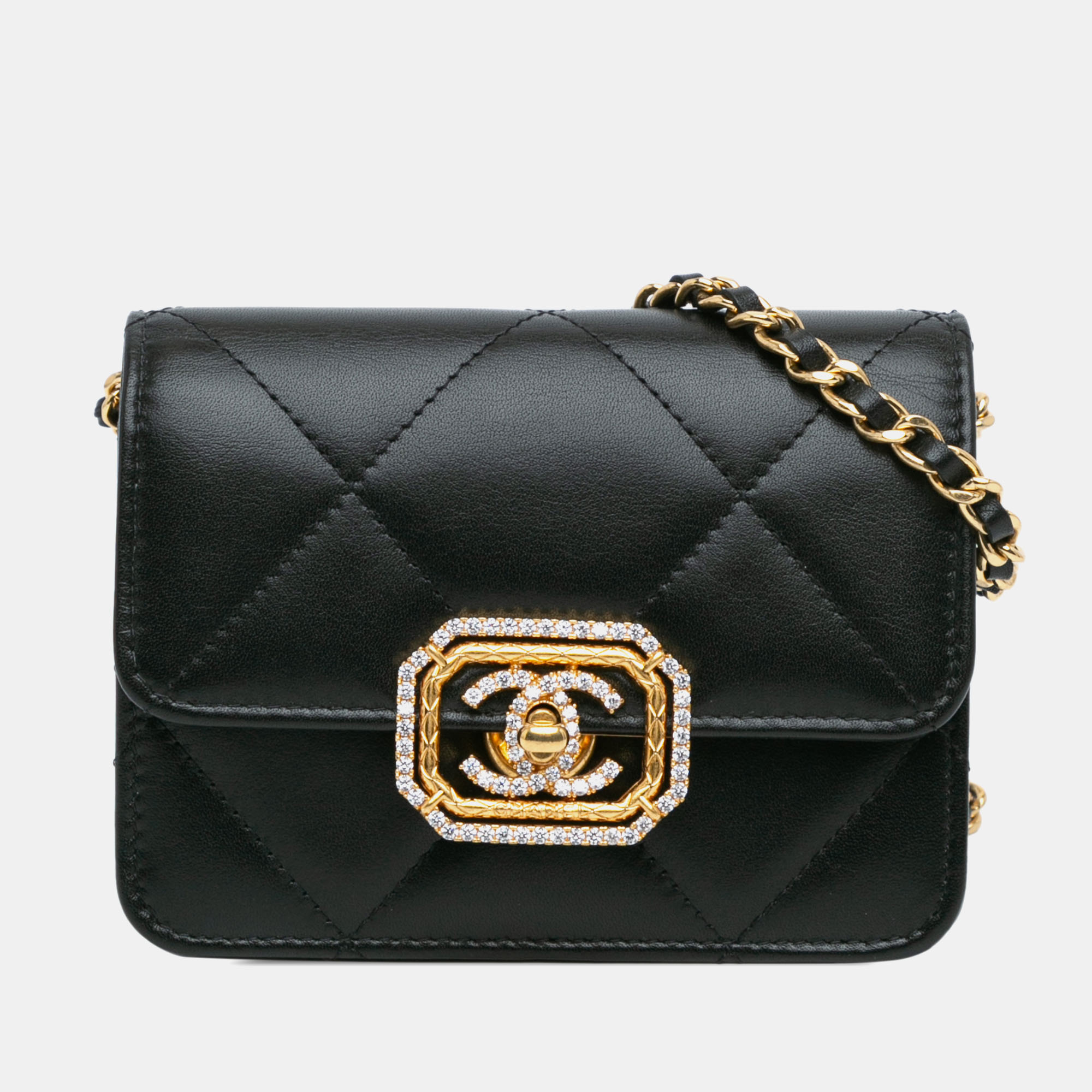 

Chanel Black Quilted Calfskin Strass Card Holder On Chain
