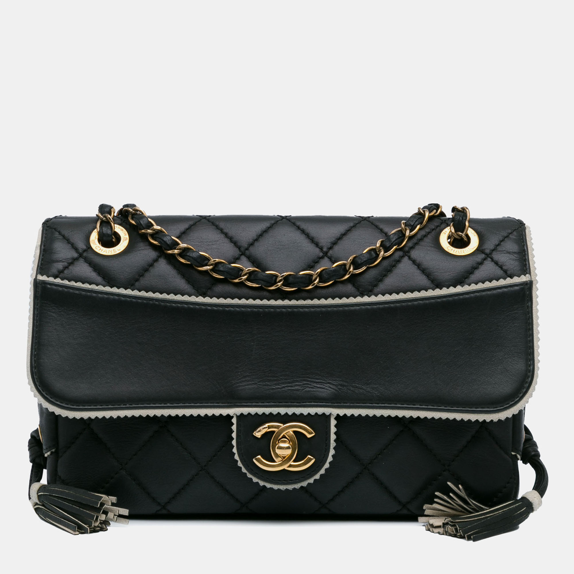 

Chanel Black CC Quilted Lambskin Tassel and Border Embellished Flap