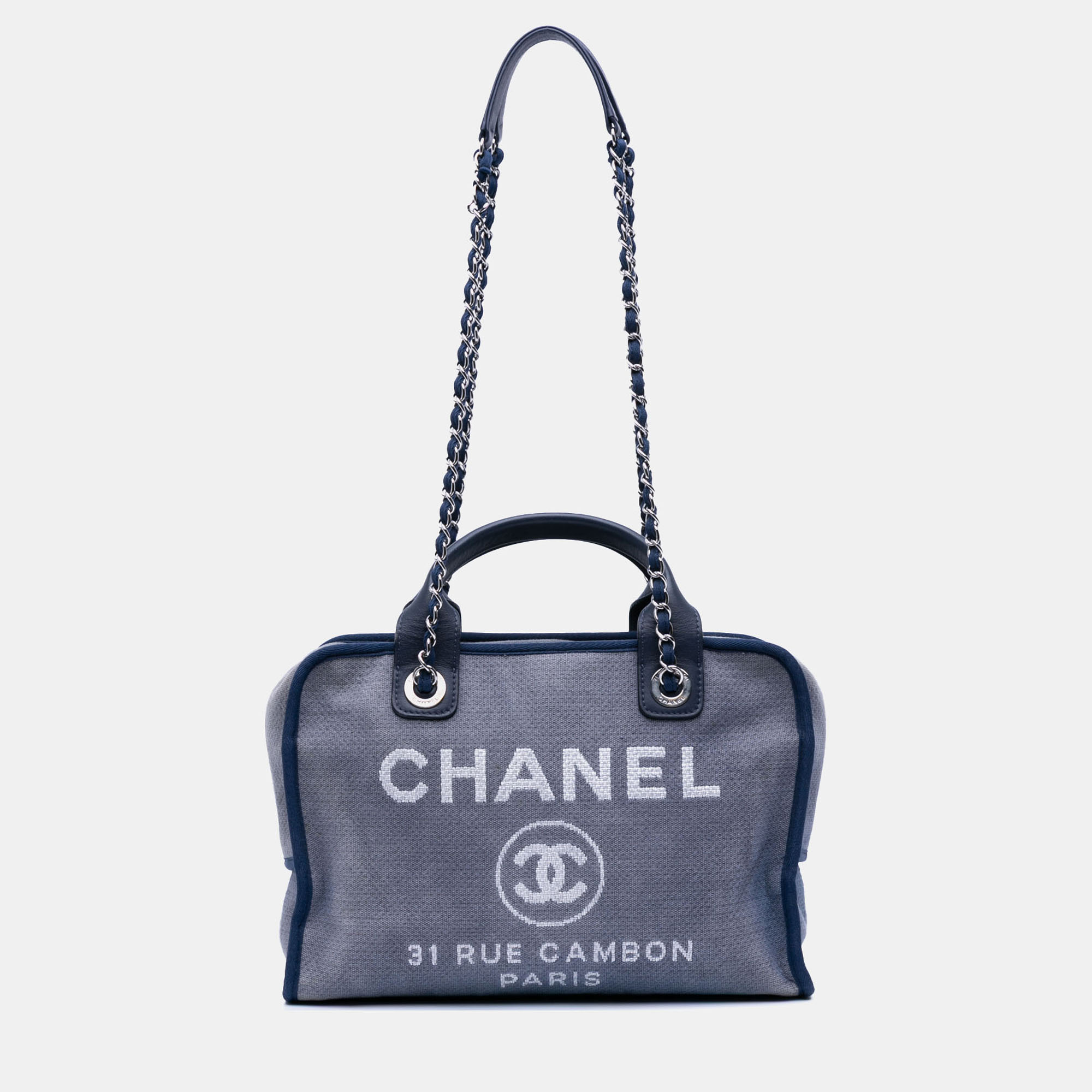 

Chanel Blue Large Denim Deauville Bowling Bag