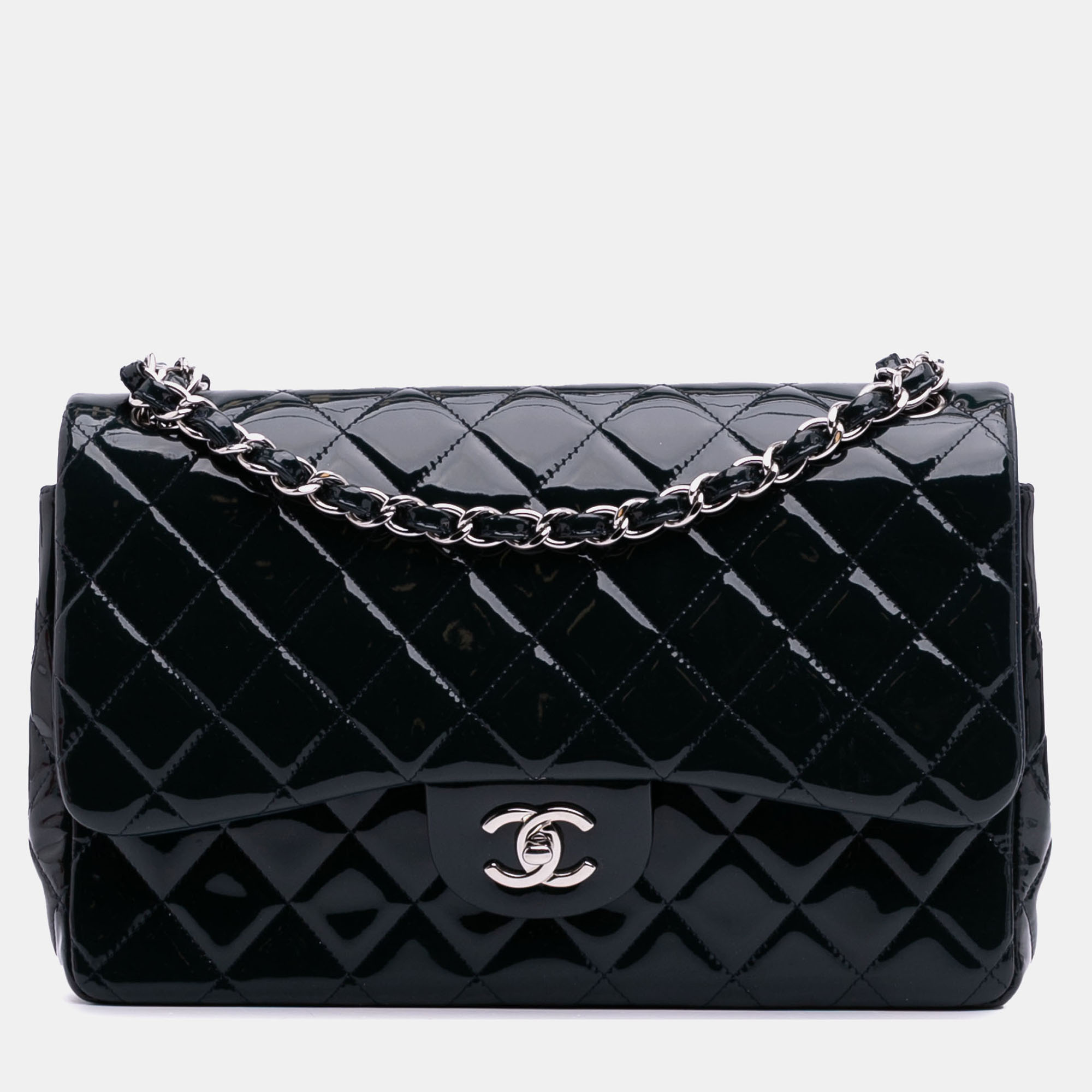 

Chanel Navy Blue Jumbo Classic Patent Double Flap
