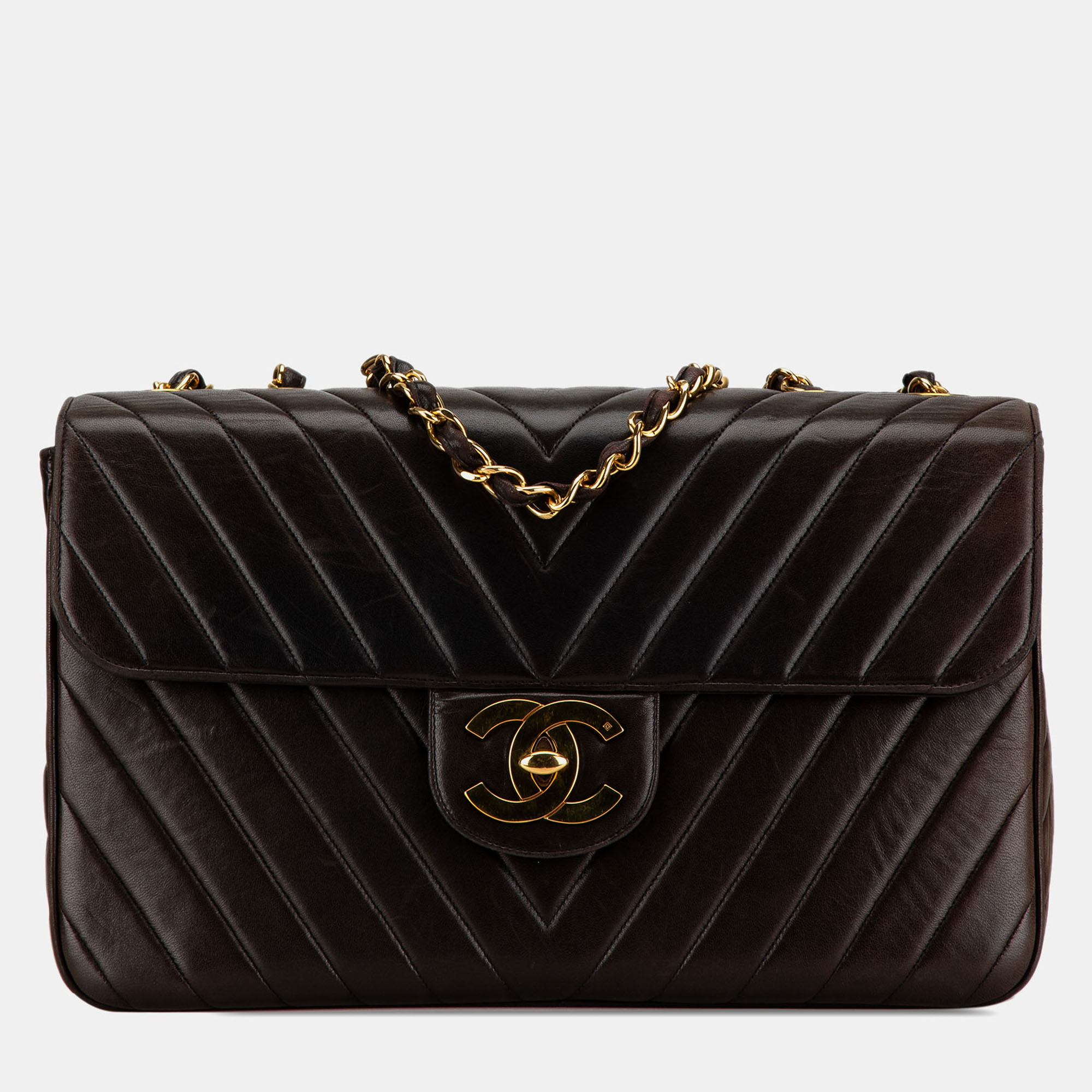 Pre-owned Chanel Brown Maxi Xl Chevron Lambskin Single Flap