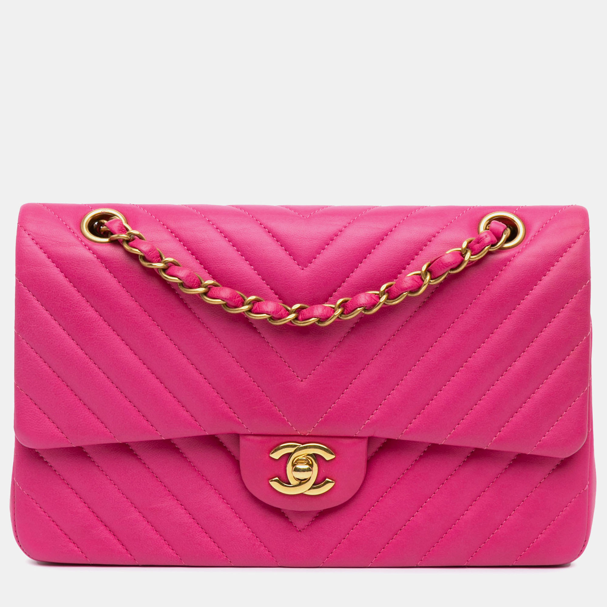 

Chanel Pink Medium Classic Chevron Lambskin Double Flap