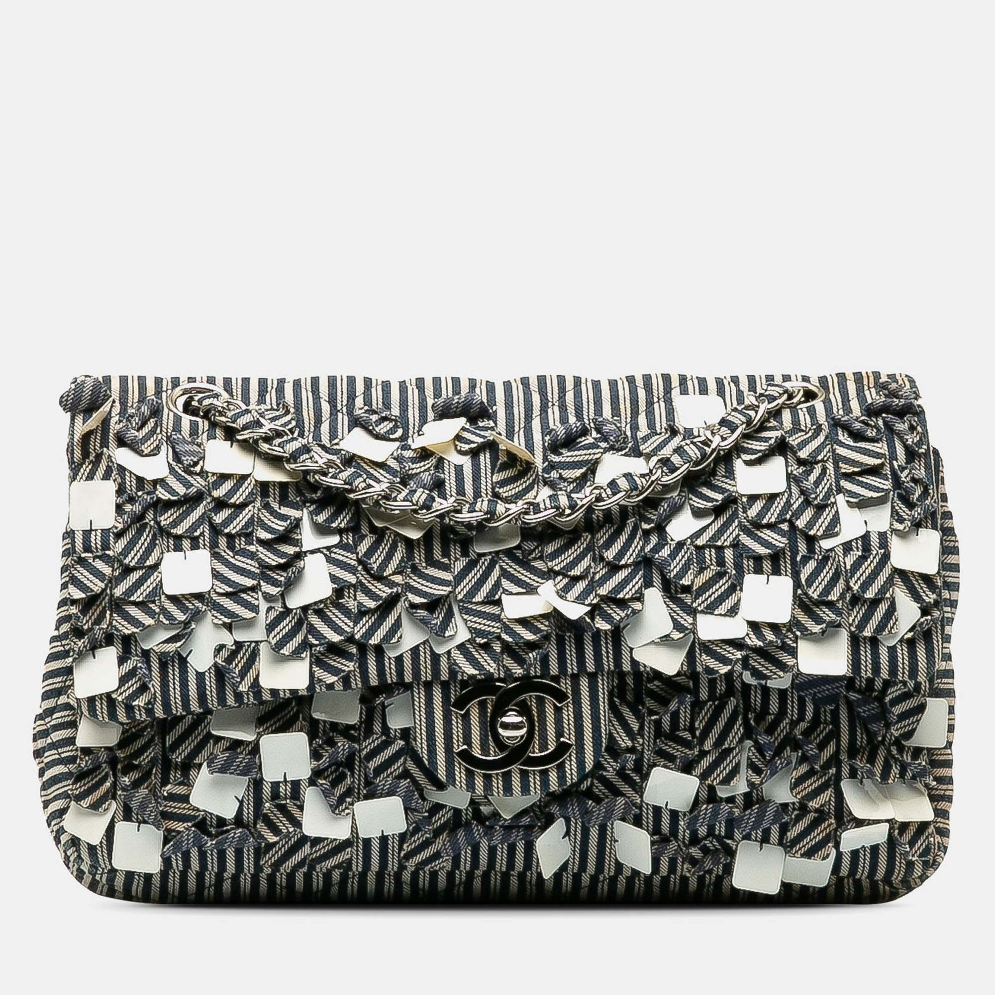 

Chanel Blue Medium Cotton Striped Double Flap