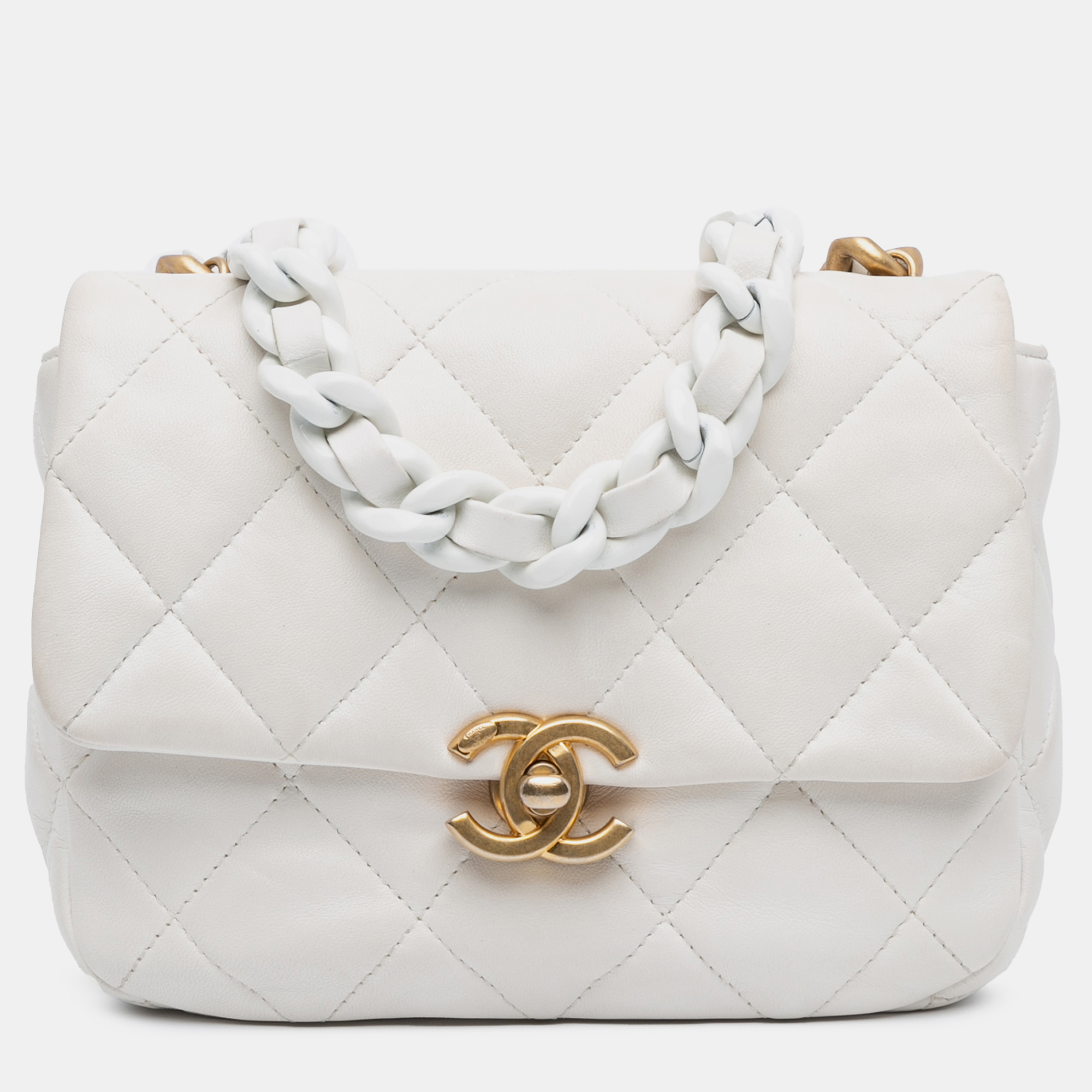 

Chanel White Mini Quilted Lambskin Lacquered Chain Flap