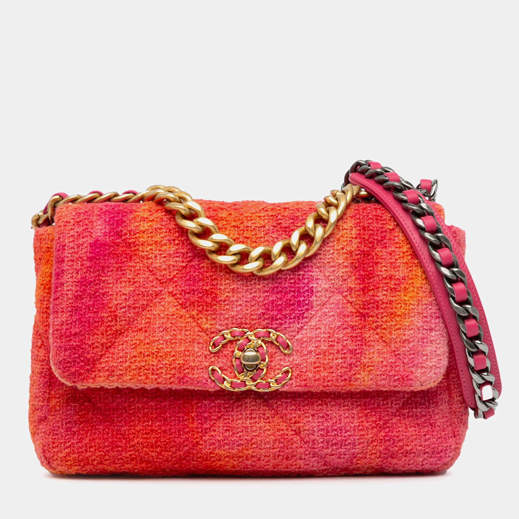 

Chanel Orange Pink Medium Tweed 19 Flap