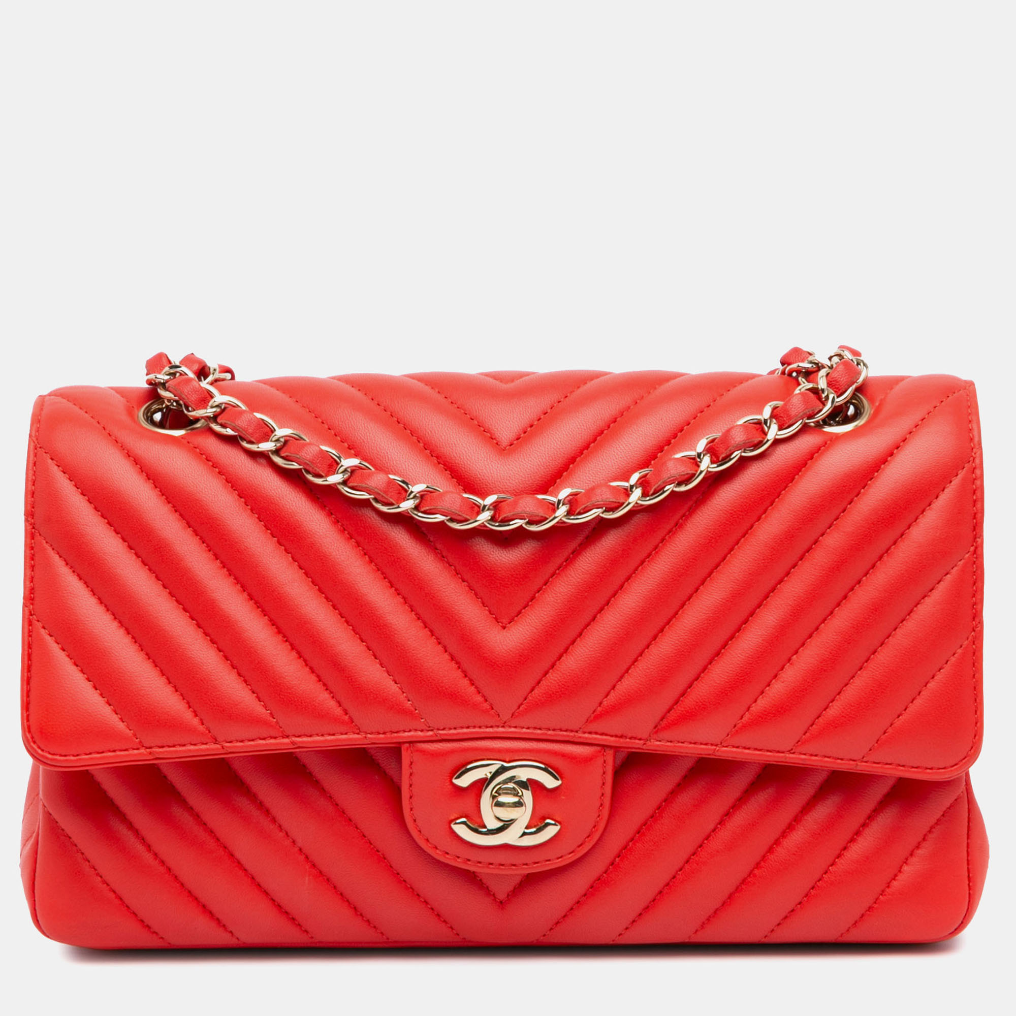 

Chanel Red Medium Classic Chevron Lambskin Double Flap