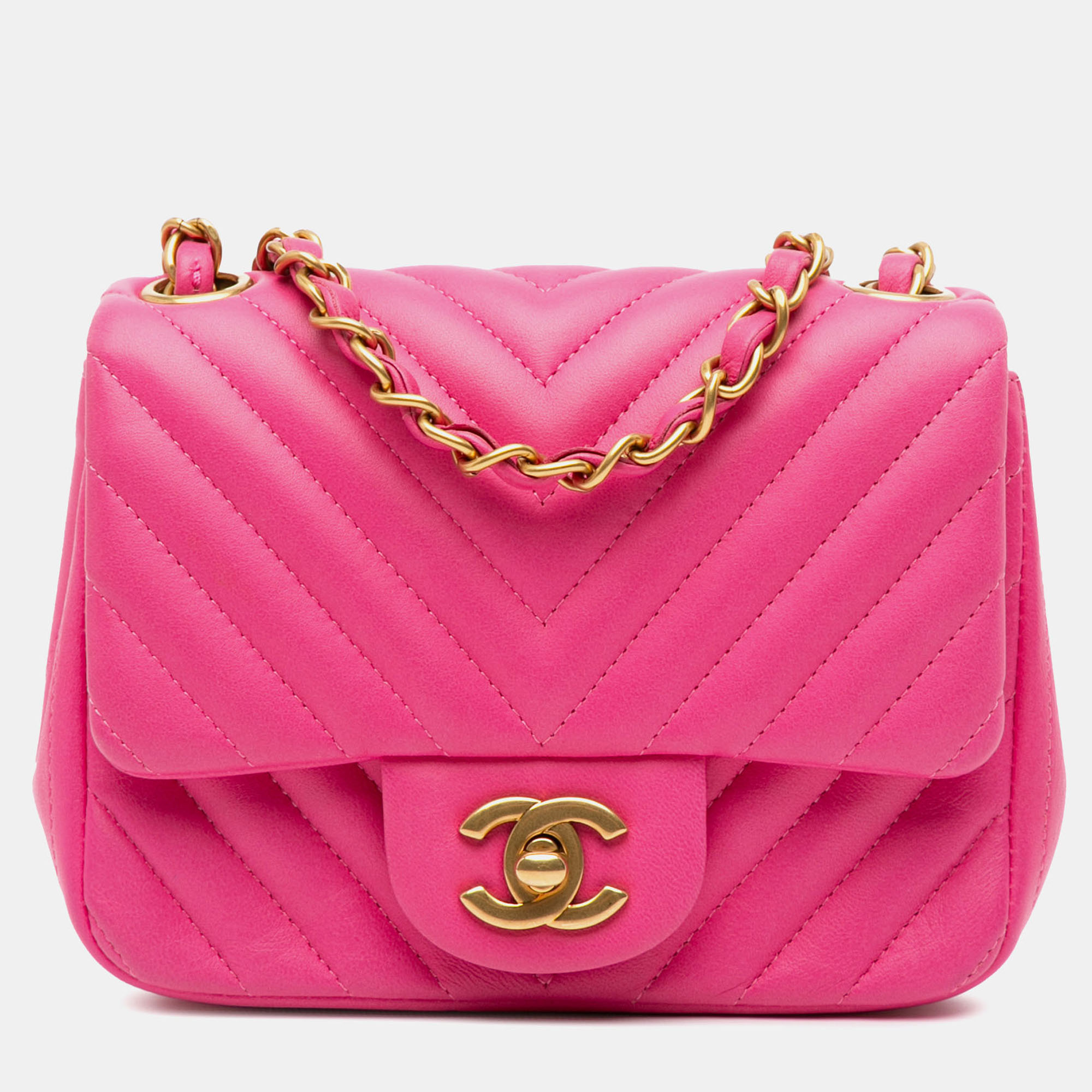 

Chanel Pink Mini Square Classic Chevron Lambskin Single Flap