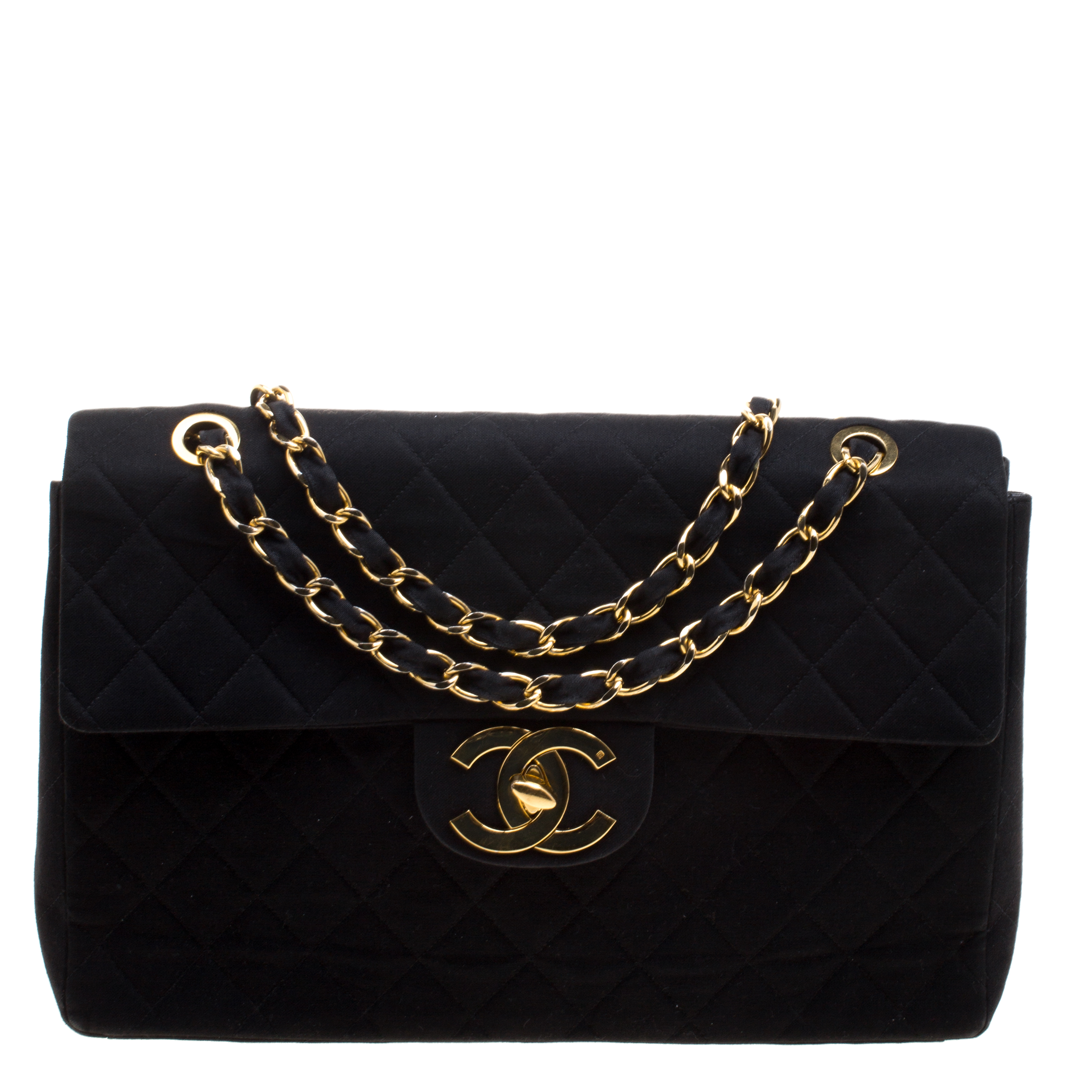 Chanel Black Quilted Canvas Maxi Vintage Classic Single Flap Bag