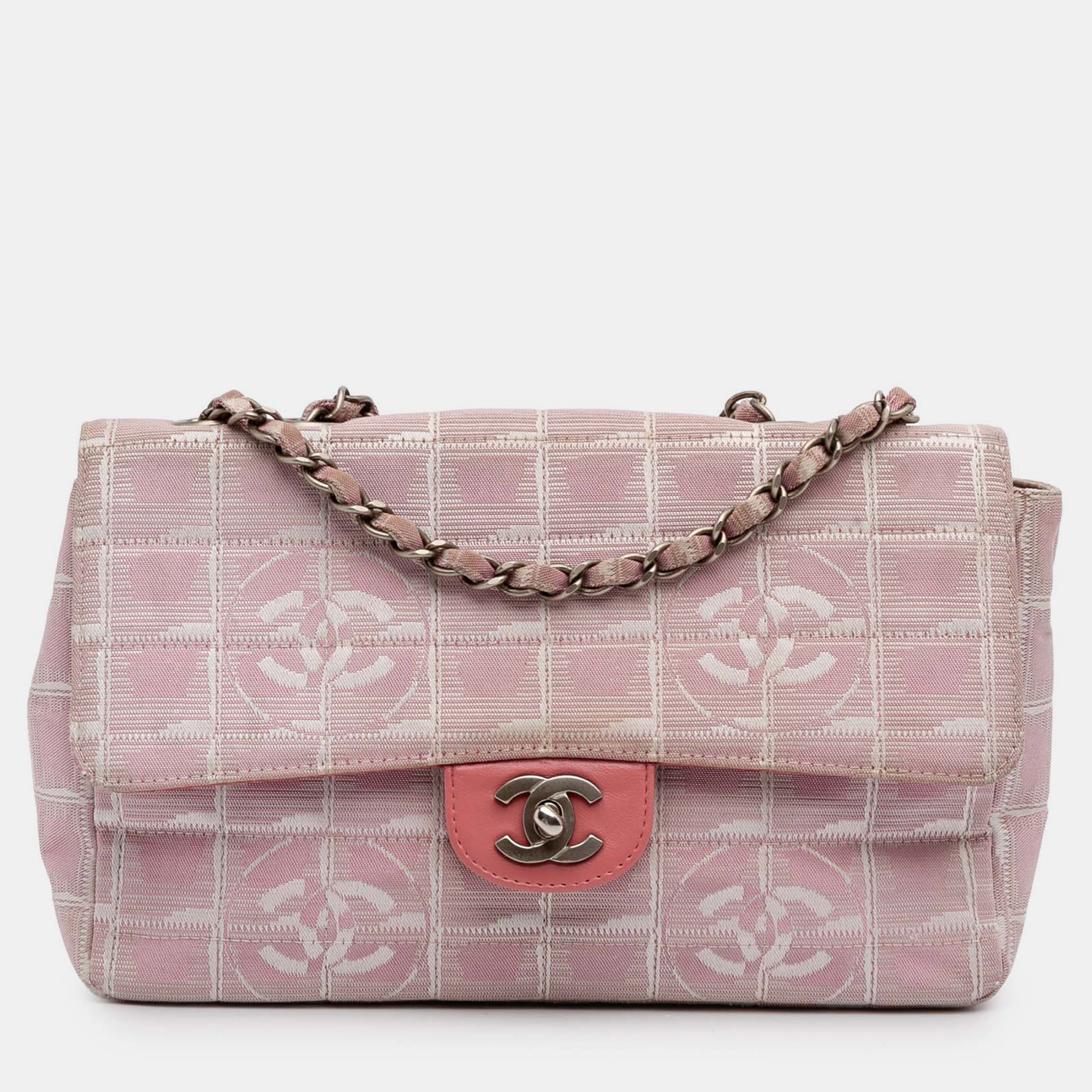

Chanel Pink Medium New Travel Line Nylon Single Flap Bag