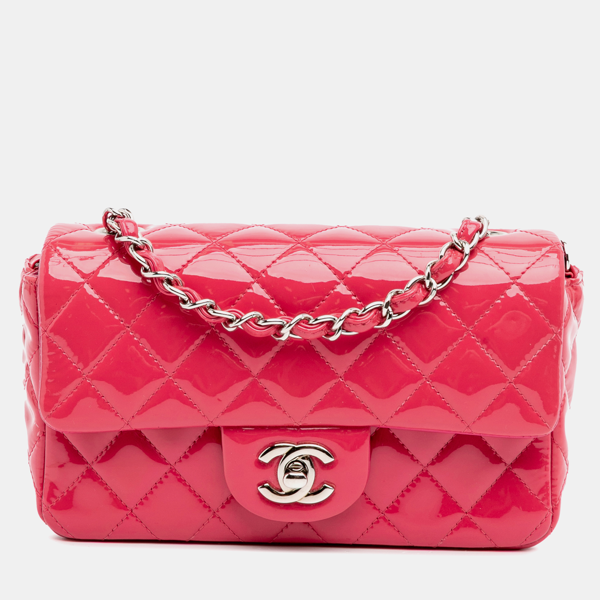 

Chanel Pink Mini Rectangular Classic Patent Single Flap