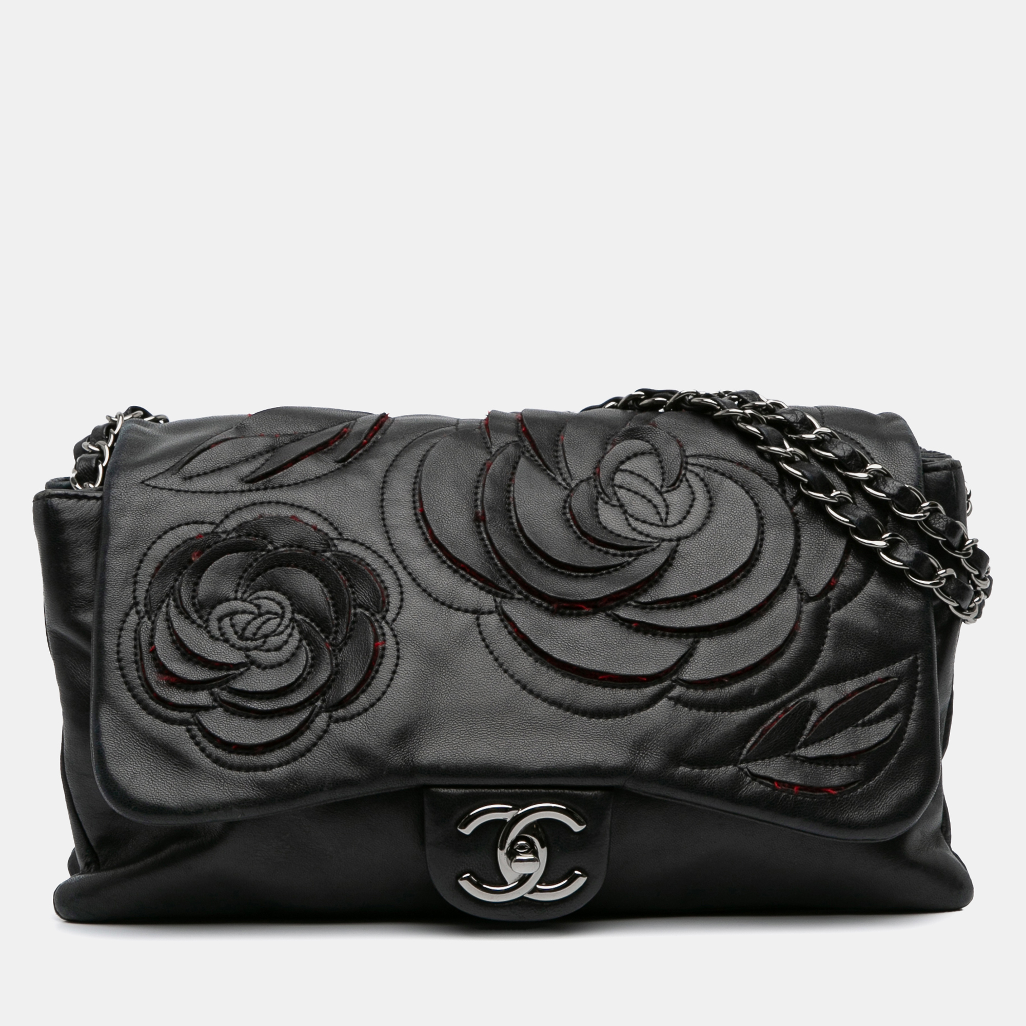 

Chanel Black Lambskin and Tweed Camellia Petals Flap