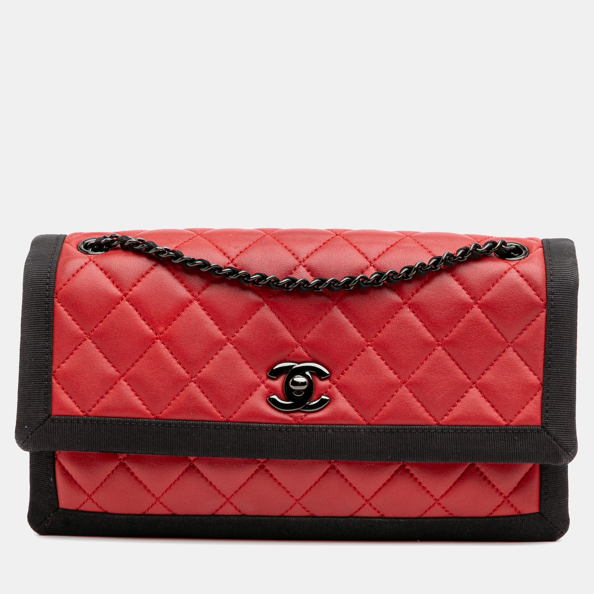 

Chanel Black Red Medium Quilted Lambskin Grosgrain Two Tone Flap