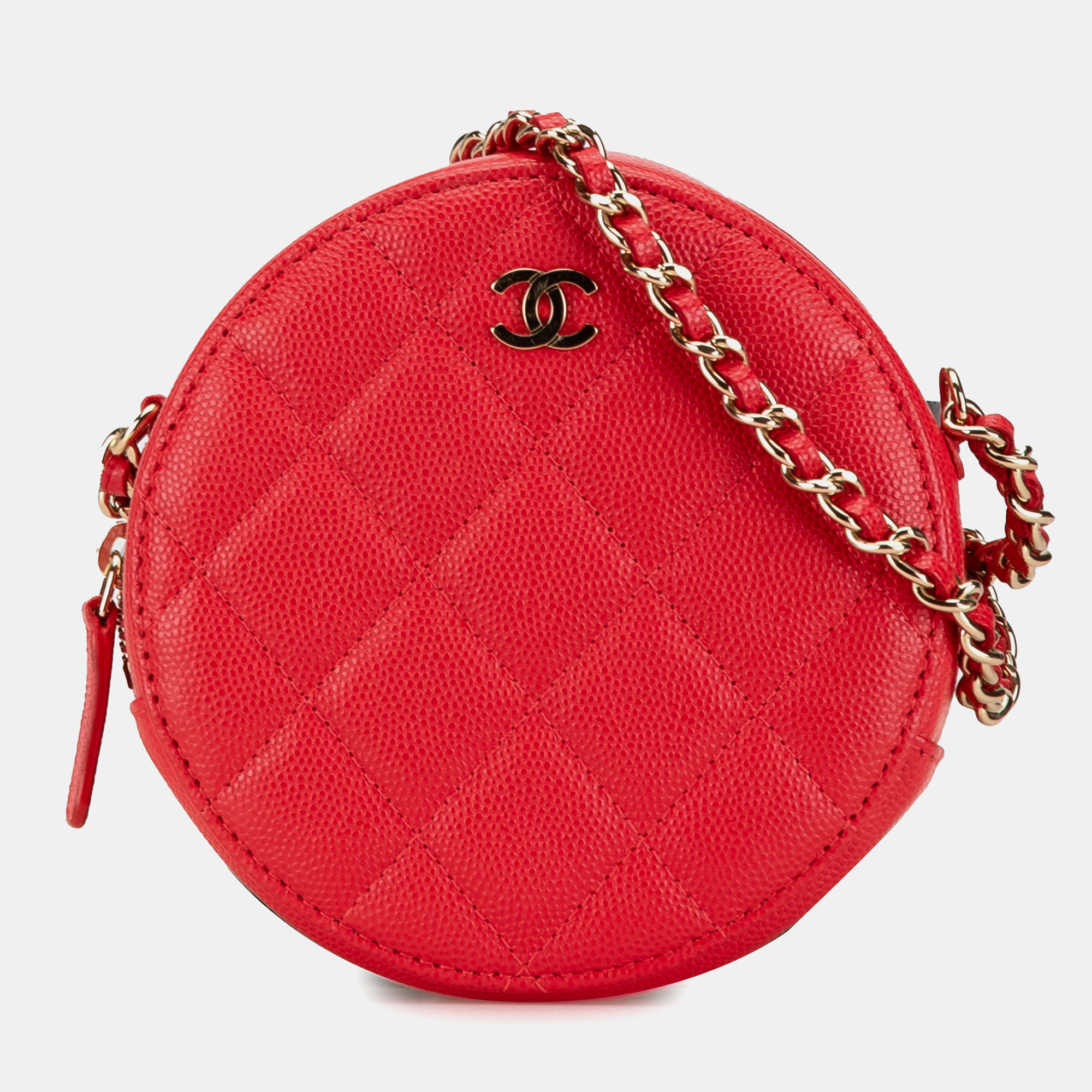 

Chanel Red Quilted Caviar Round Clutch With Chain