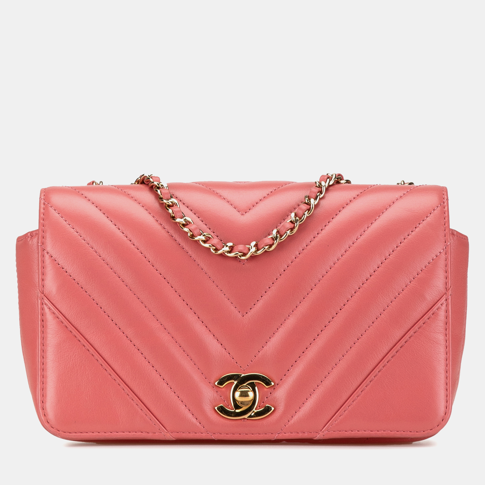 

Chanel Pink Mini Chevron Calfskin Statement Flap