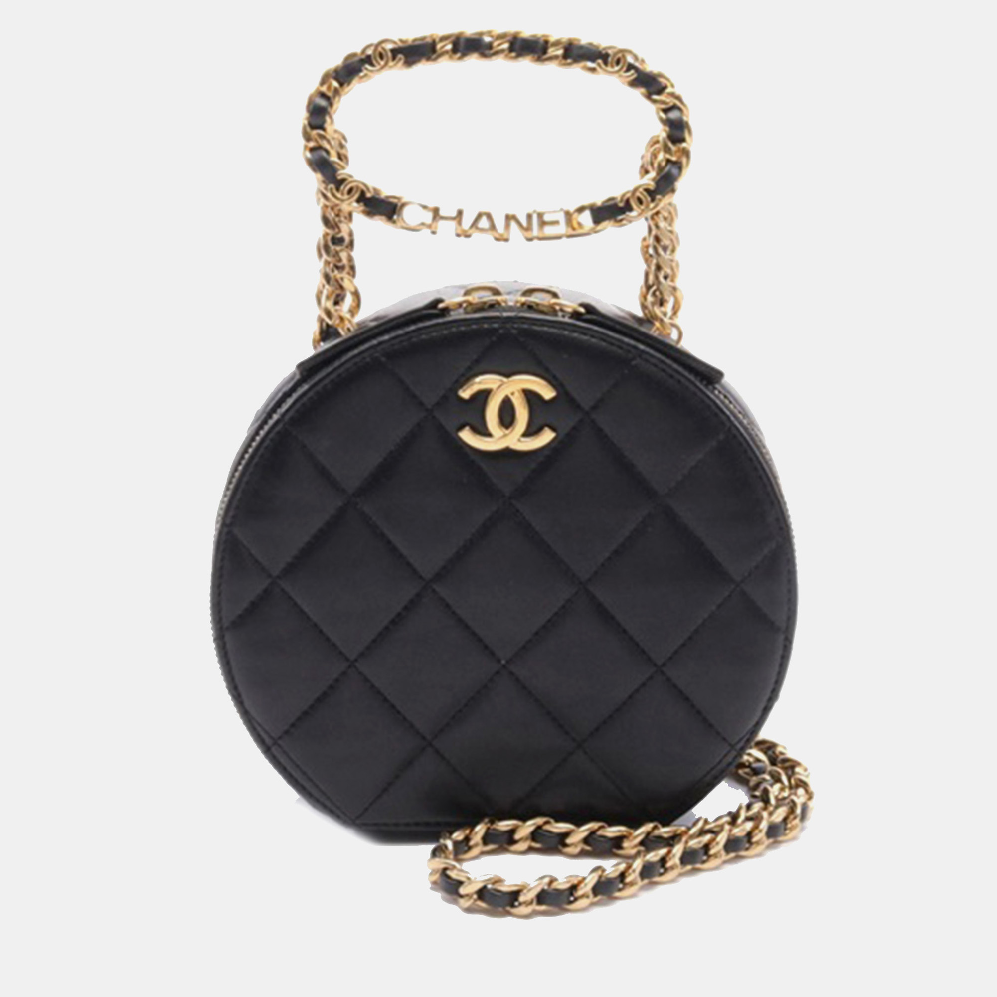 Pre-owned Chanel Black Quilted Lambskin Oval Logo Chain Top Handle Round Clutch On Chain
