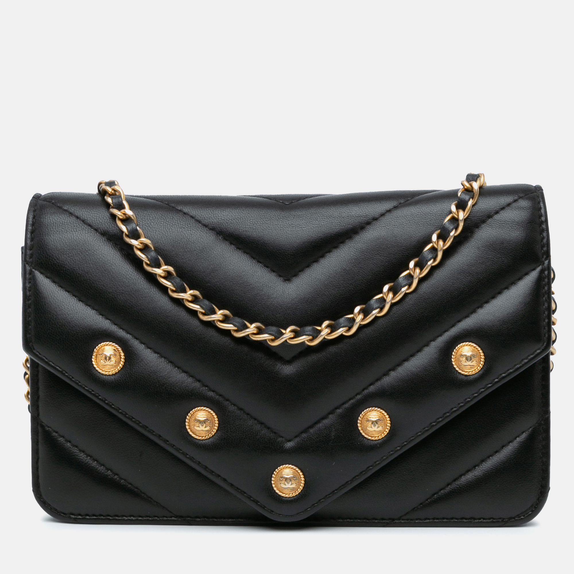 

Chanel Black Chevron Lambskin Button Wallet On Chain