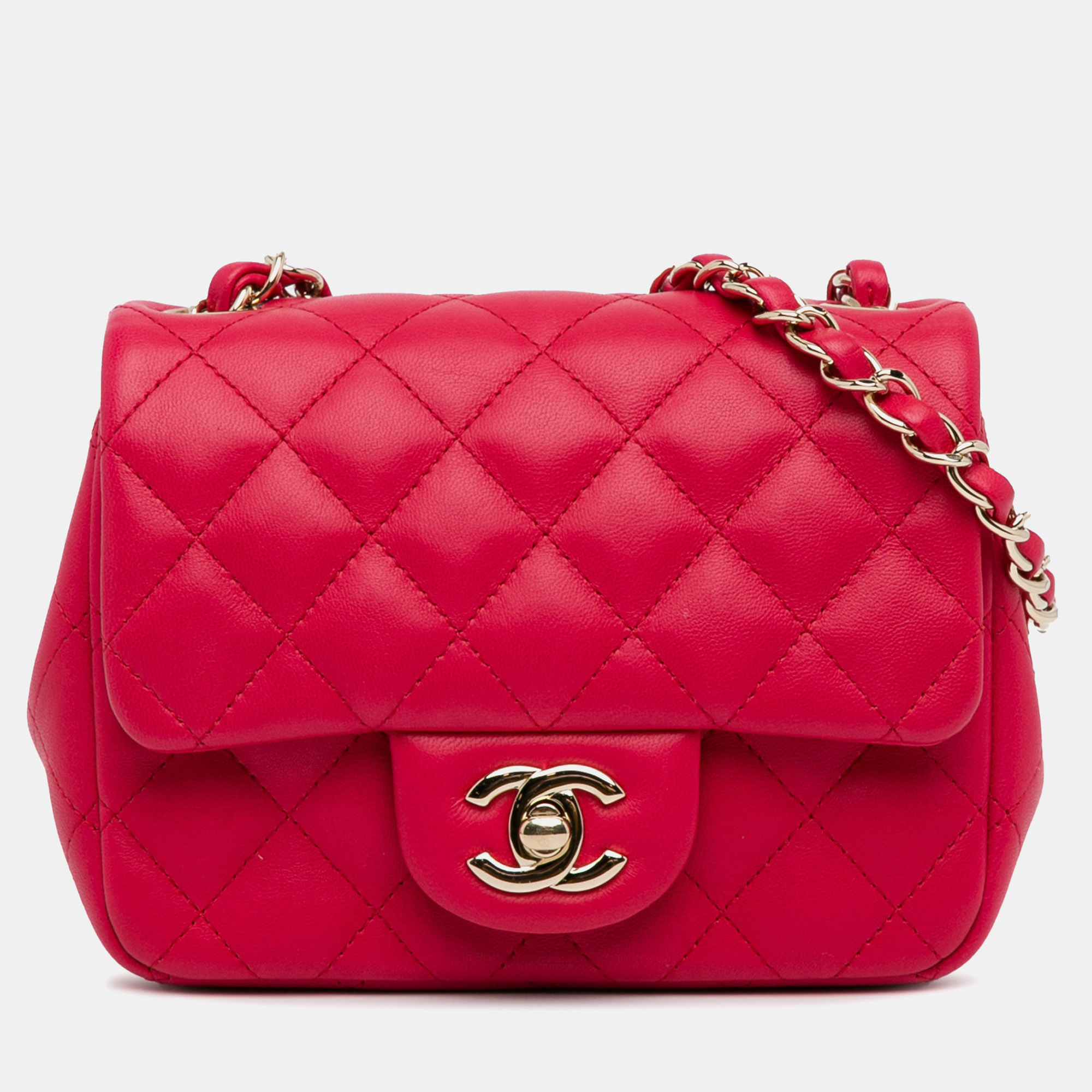 Pre-owned Chanel Red Mini Square Classic Lambskin Single Flap