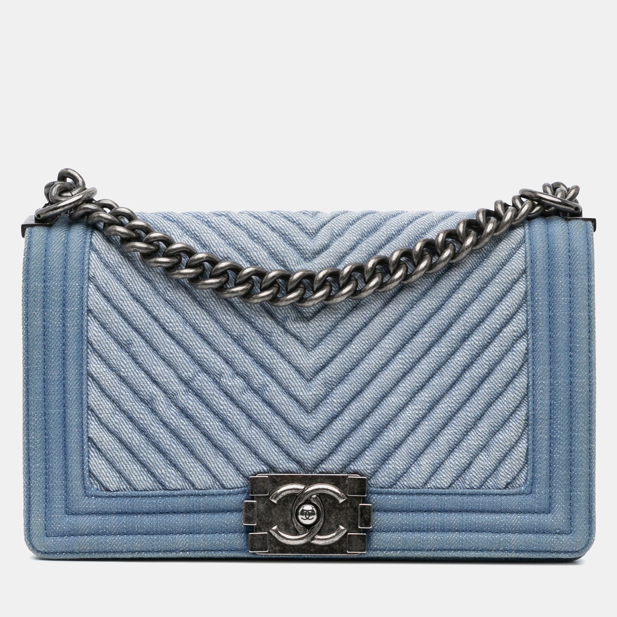 Pre-owned Chanel Blue Old Medium Chevron Denim Boy Flap