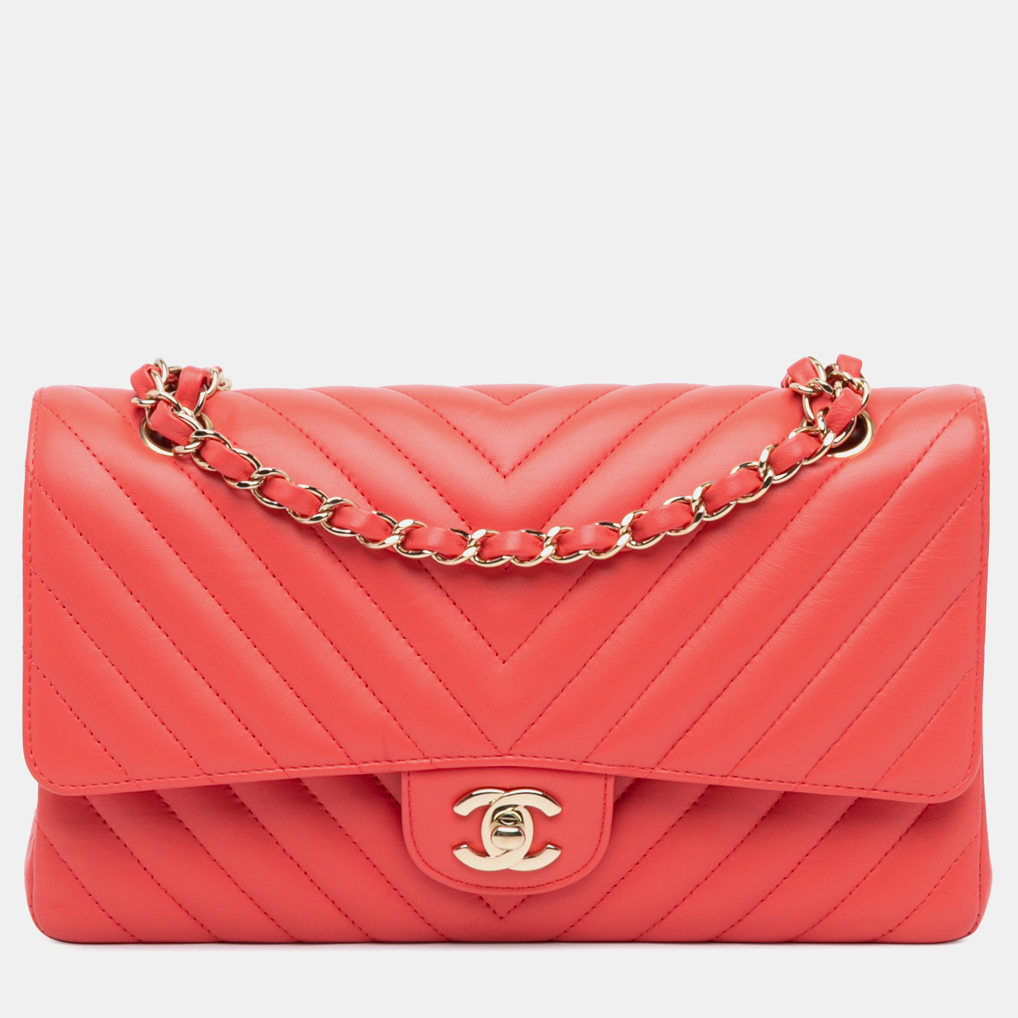 

Chanel Red Medium Classic Chevron Lambskin Double Flap