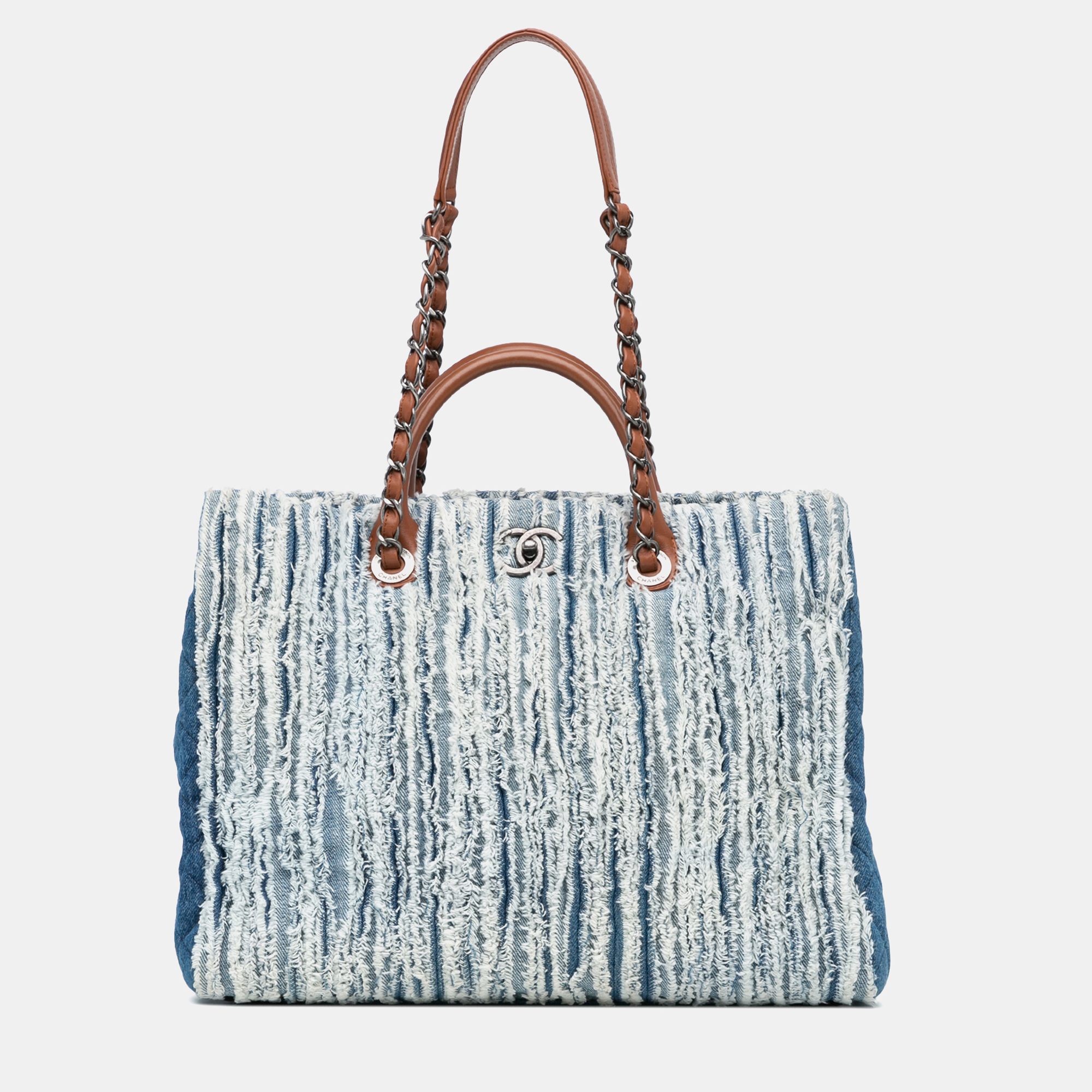 Pre-owned Chanel Blue Large Fringed Denim Shopping Tote