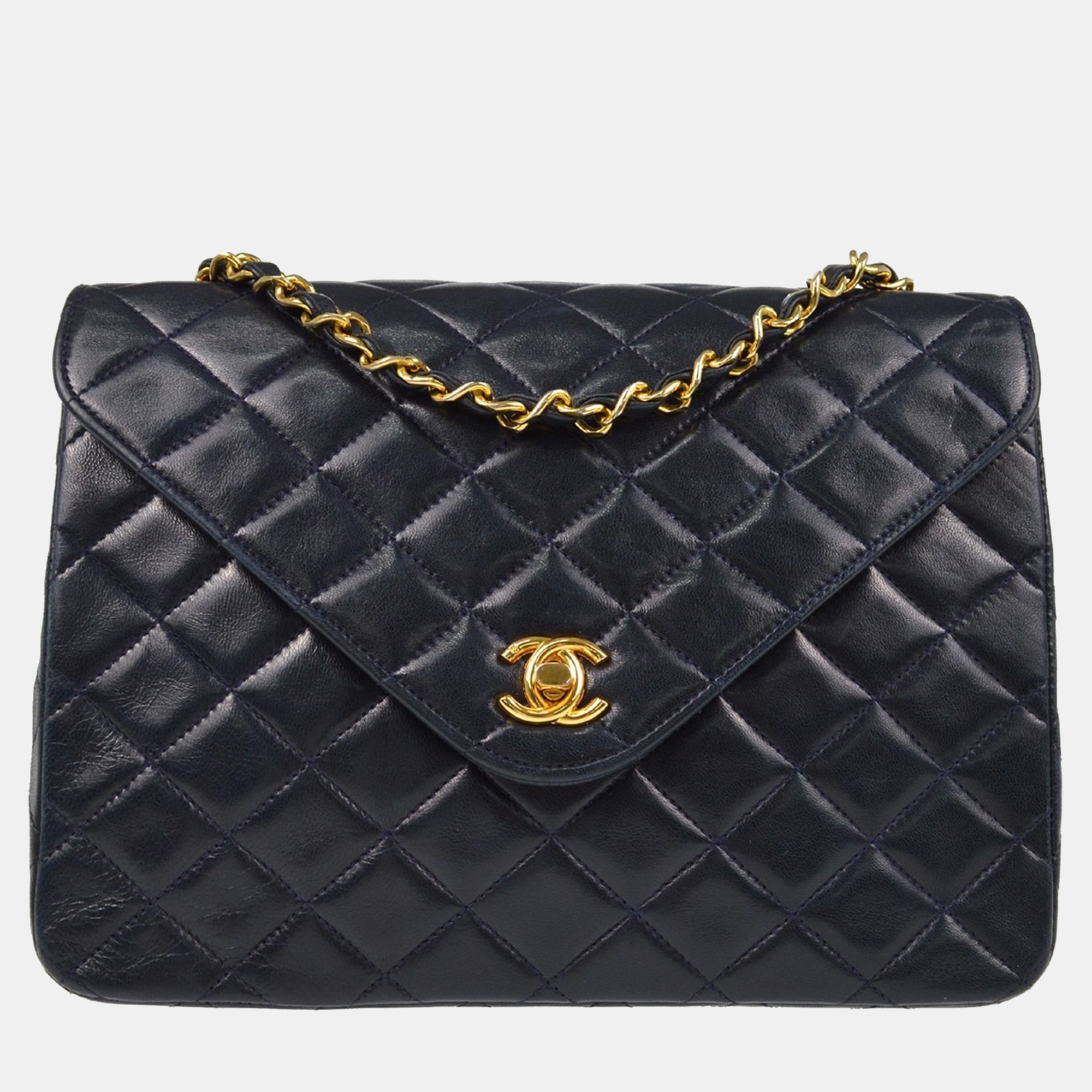 

Chanel Navy Lambskin Single Flap Shoulder Bag, Navy blue