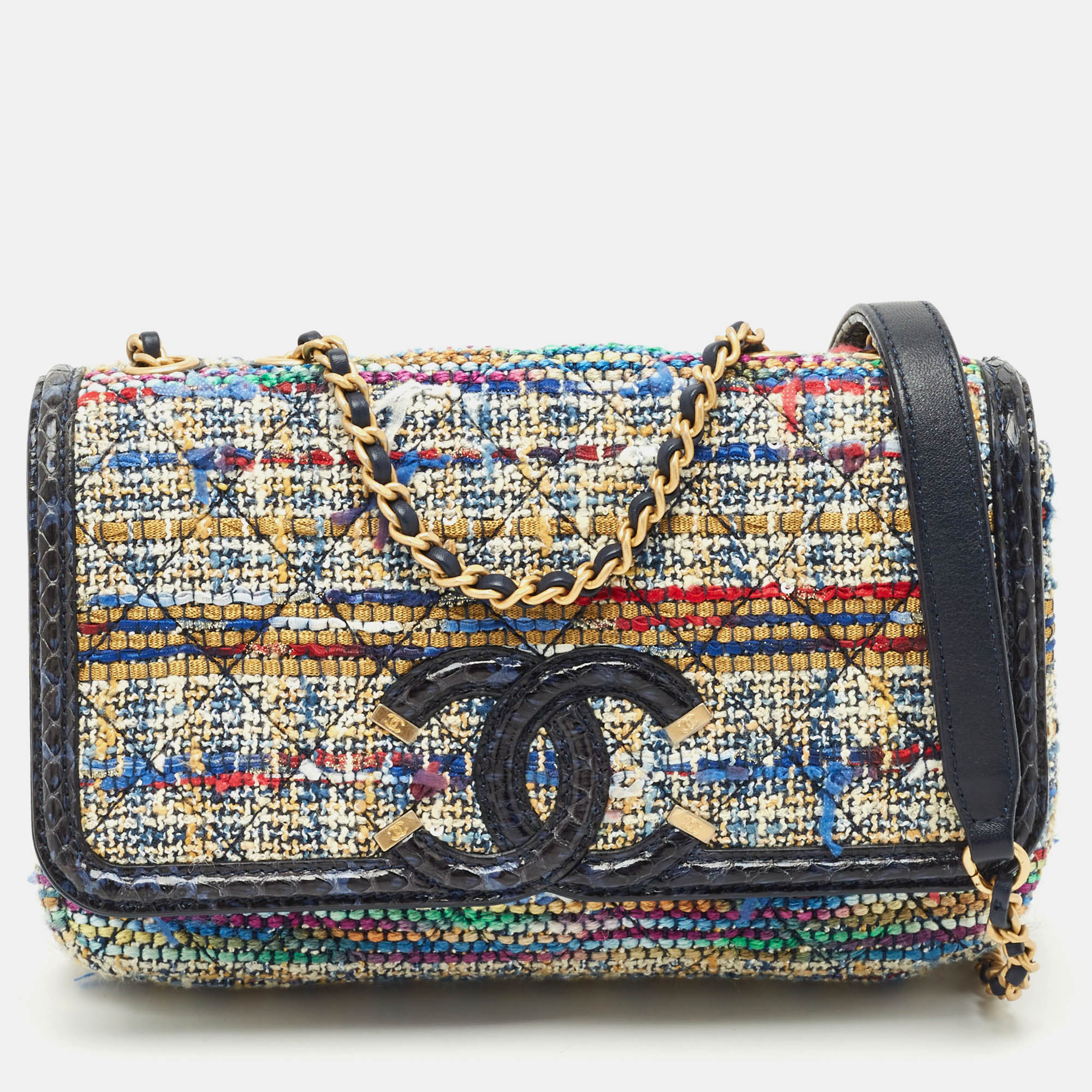 

Chanel Multicolor Quilted Tweed and Water Snake  CC Filigree Flap Bag