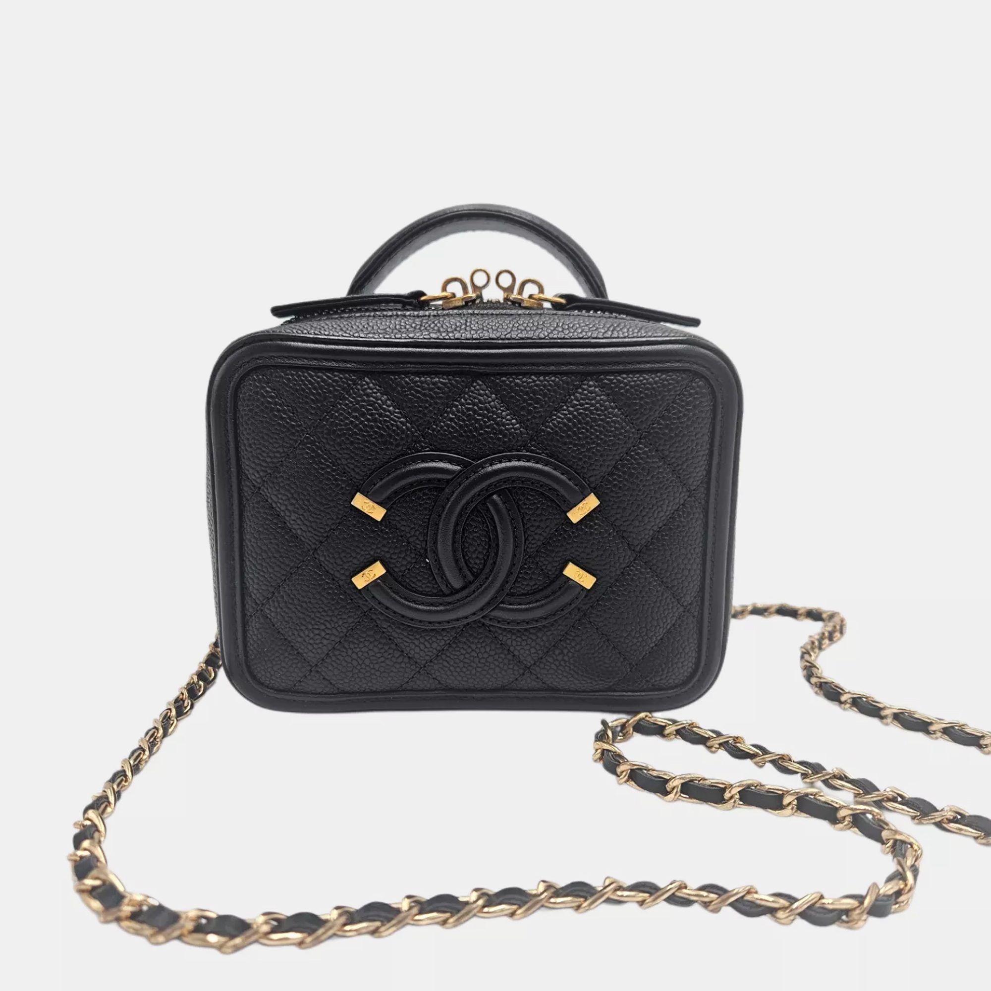 

Chanel CC Filigree Small Black Quilted Caviar Leather Vanity Case Bag